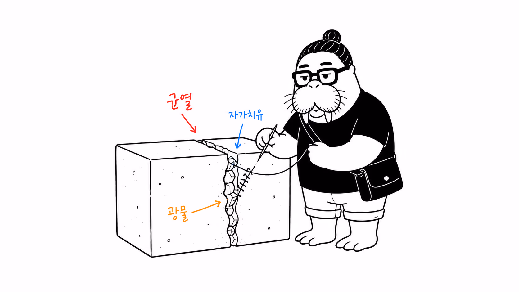 콘크리트 균열이 광물로 스스로 메워지는 장면