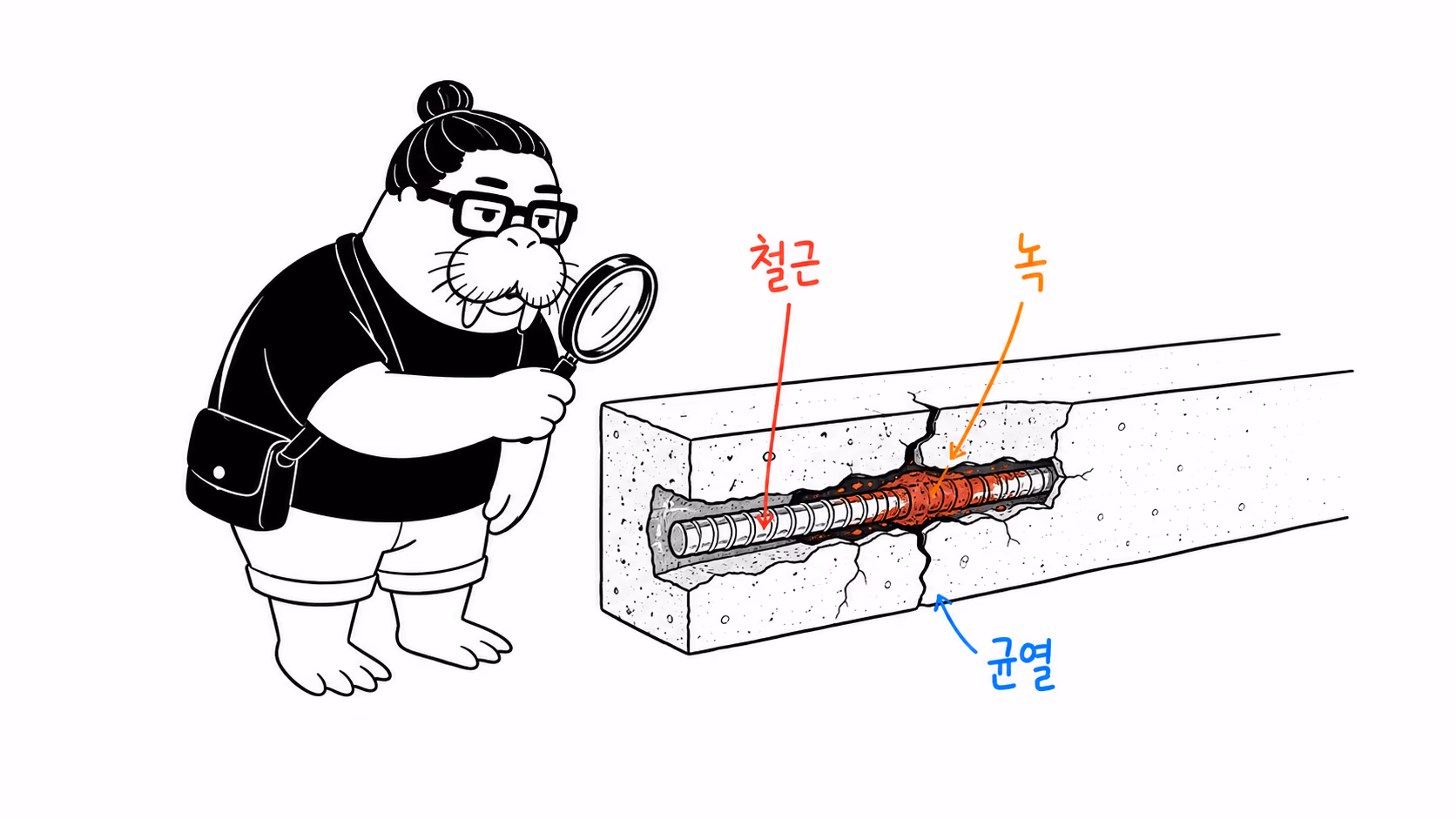 녹슨 철근이 팽창하며 콘크리트에 균열을 내는 장면