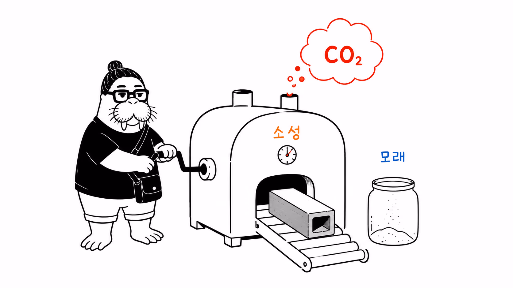 콘크리트 생산과 함께 이산화탄소와 모래 비용이 나오는 장면