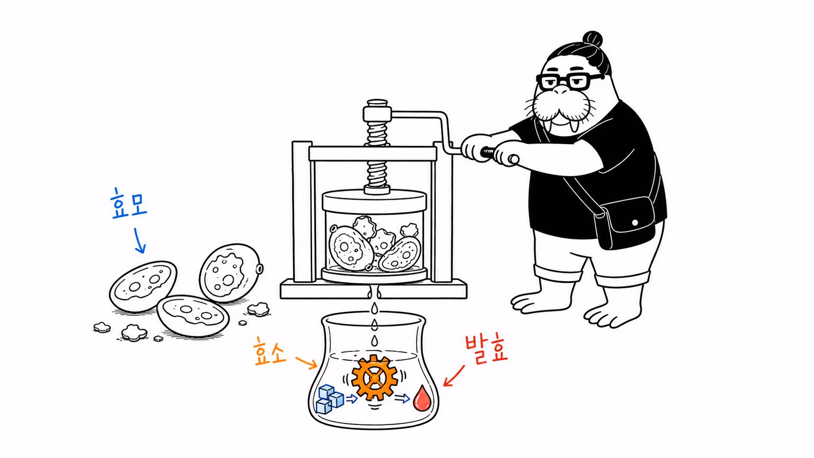 효모가 부서진 뒤에도 효소 톱니가 발효 장치를 계속 돌리는 모습.