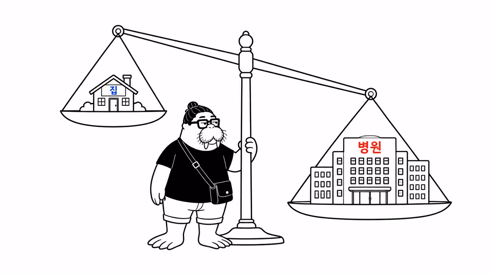 dkdk가 양팔 저울 앞에 서 있고, 한쪽 접시에는 작은 시골집이 다른 쪽에는 큰 병원 건물이 올라가 있는데 병원 쪽이 무겁게 내려앉아 있다