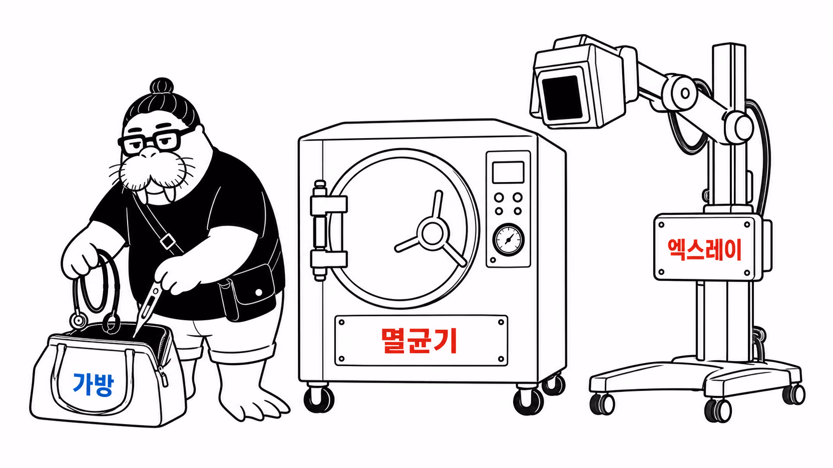 dkdk가 왕진 가방에 청진기와 체온계를 차곡차곡 넣고 있는데, 발치에 놓인 커다란 멸균기와 엑스레이 장치는 가방에 들어가지 않아 그대로 바닥에 남아 있다