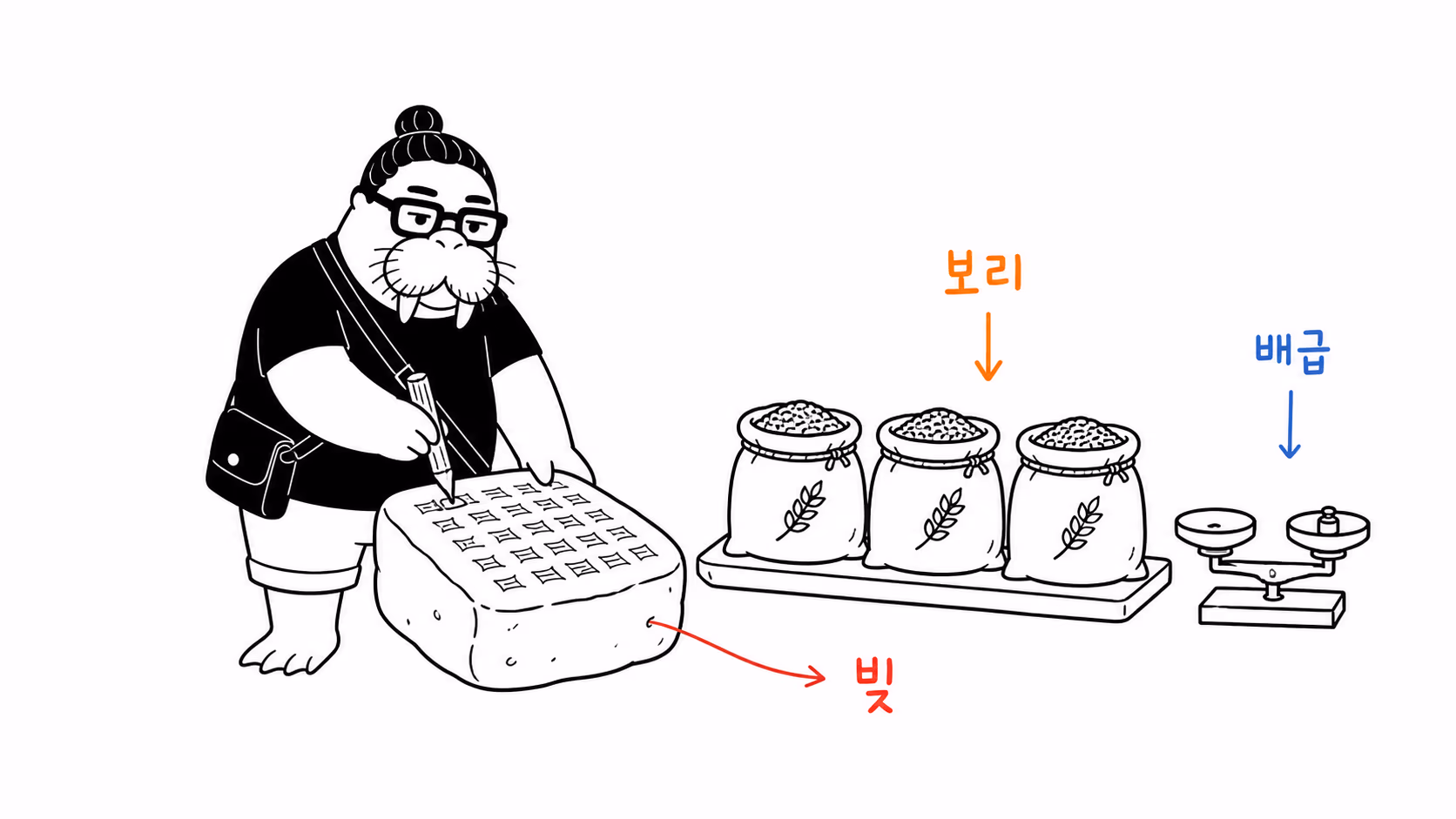거대한 창고 영수증에 보리 자루를 하나씩 갈대 도장으로 찍어 결산하는 장면