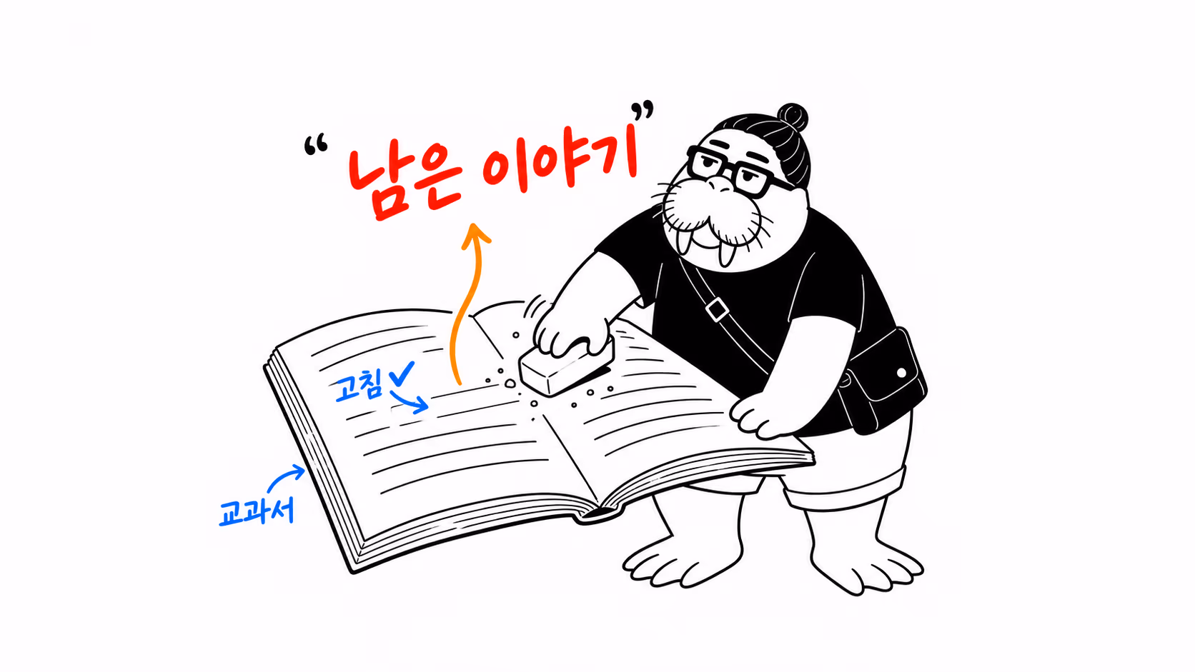 dkdk가 교과서에서 틀린 문장을 지우개로 말끔히 지워냈는데, 정작 그 위 허공에는 지워진 문장이 그대로 떠 있고 오히려 더 또렷하다
