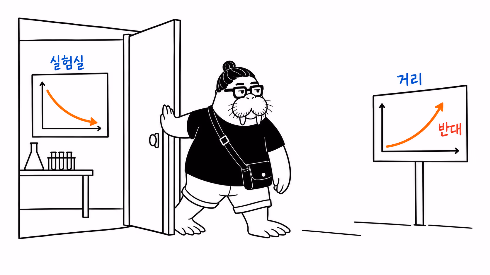dkdk가 실험실 문을 밀고 나서는데, 안쪽 벽에 걸린 그래프는 아래로 꺾여 있고 바깥 거리에 그려진 같은 그래프는 위로 꺾여 있다