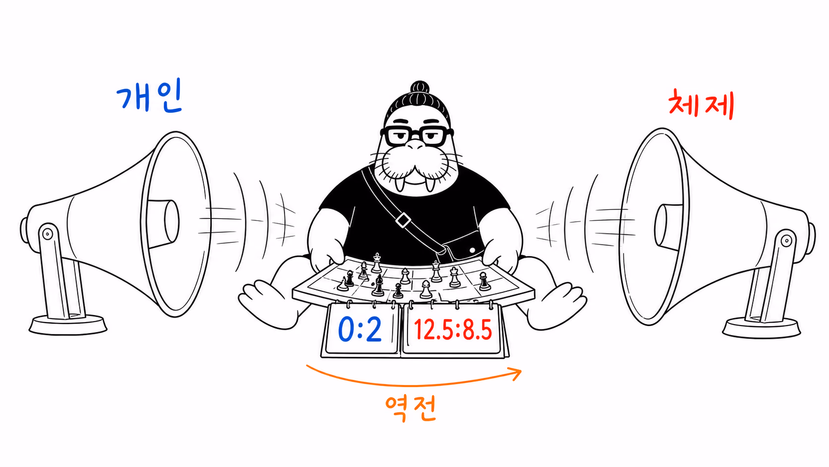마주 보는 두 거대한 확성기 사이의 작은 체스판을 붙잡아 중재하는 장면