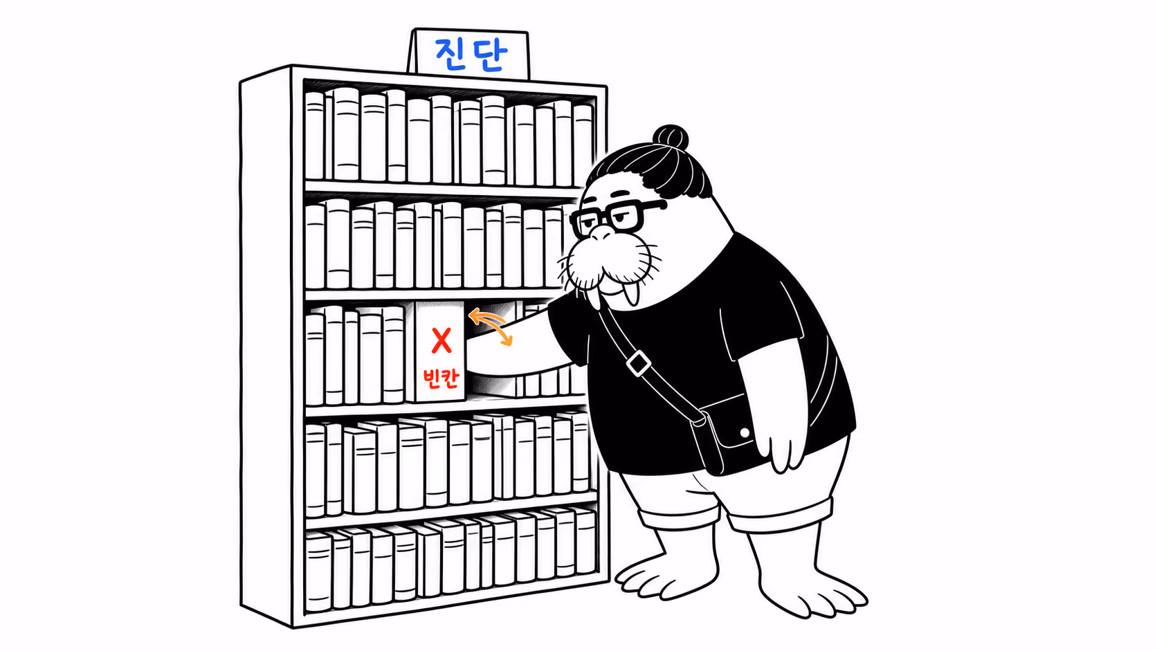 dkdk가 책장에 두꺼운 이론서들이 빼곡한데 X라고만 적힌 칸 하나가 비어 있고, 그 빈칸에 손을 넣어 더듬는다
