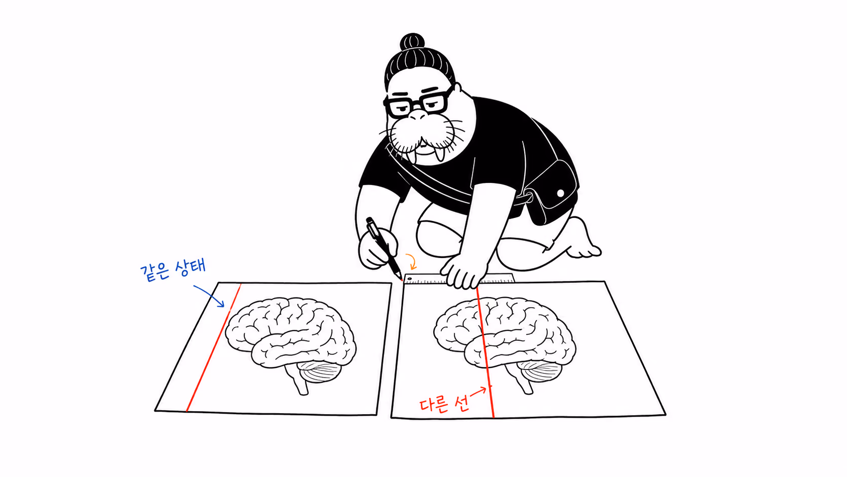 dkdk가 똑같은 도면 두 장을 나란히 펼쳐 놓고 서로 다른 위치에 선을 긋는다