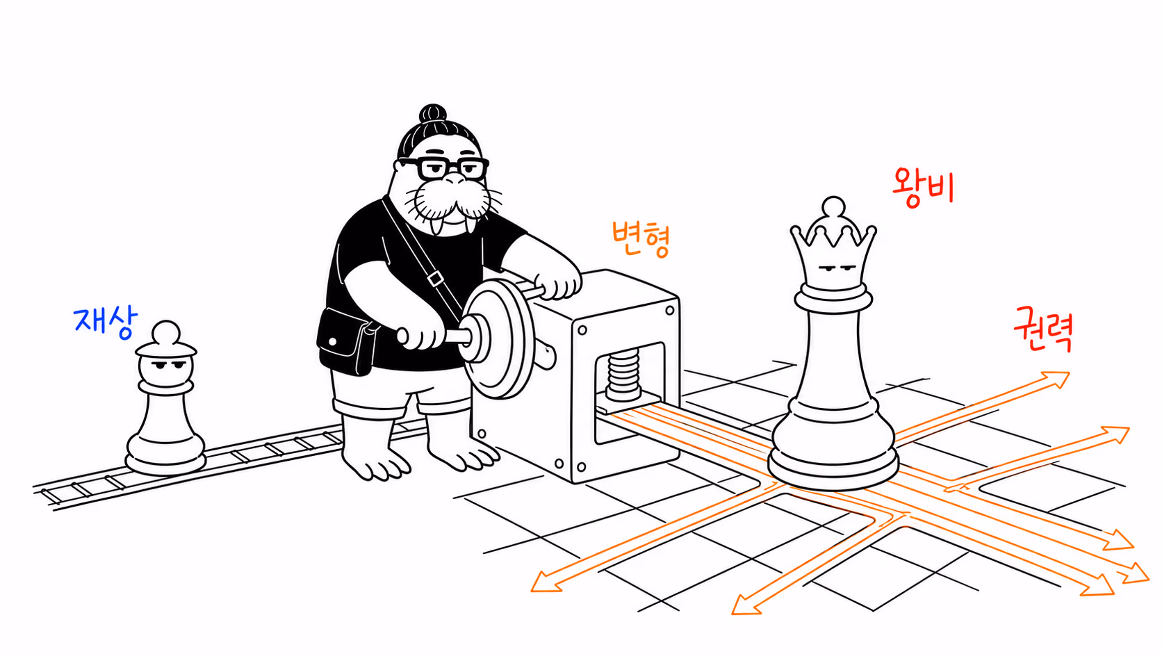 체스의 재상 말이 사회 변화에 따라 강력한 왕비 말로 변형되는 손그림.