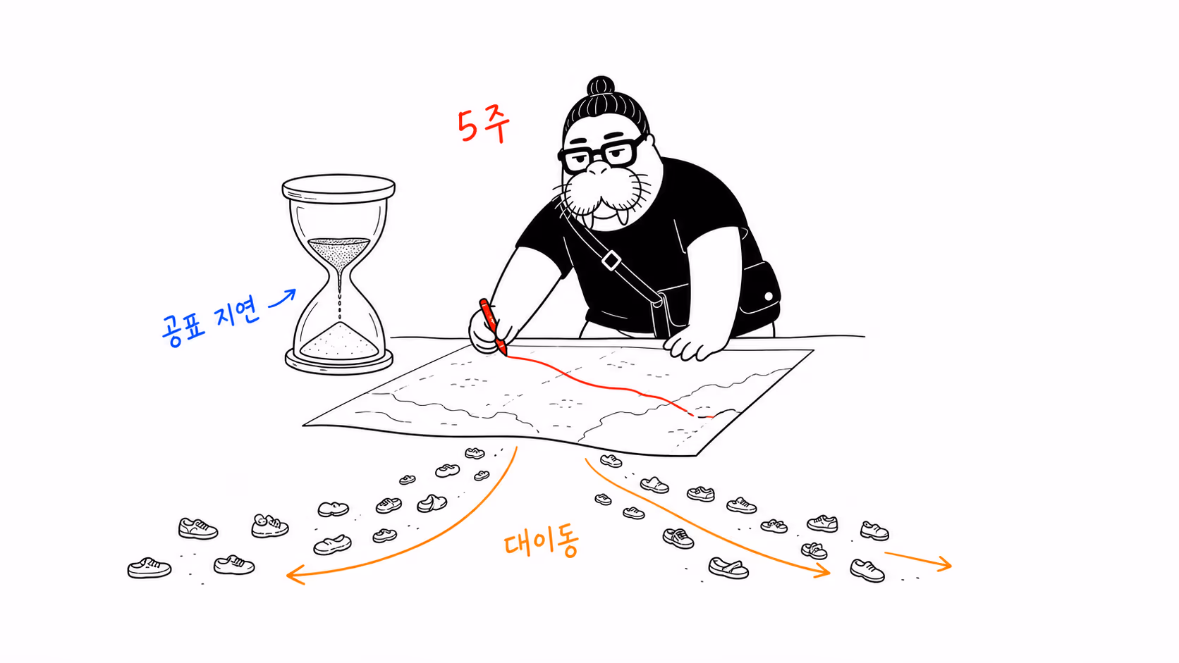 모래시계가 다 떨어지기 전에 지도에 선을 긋는데 선 아래 작은 신발들이 양쪽으로 흩어지는 장면