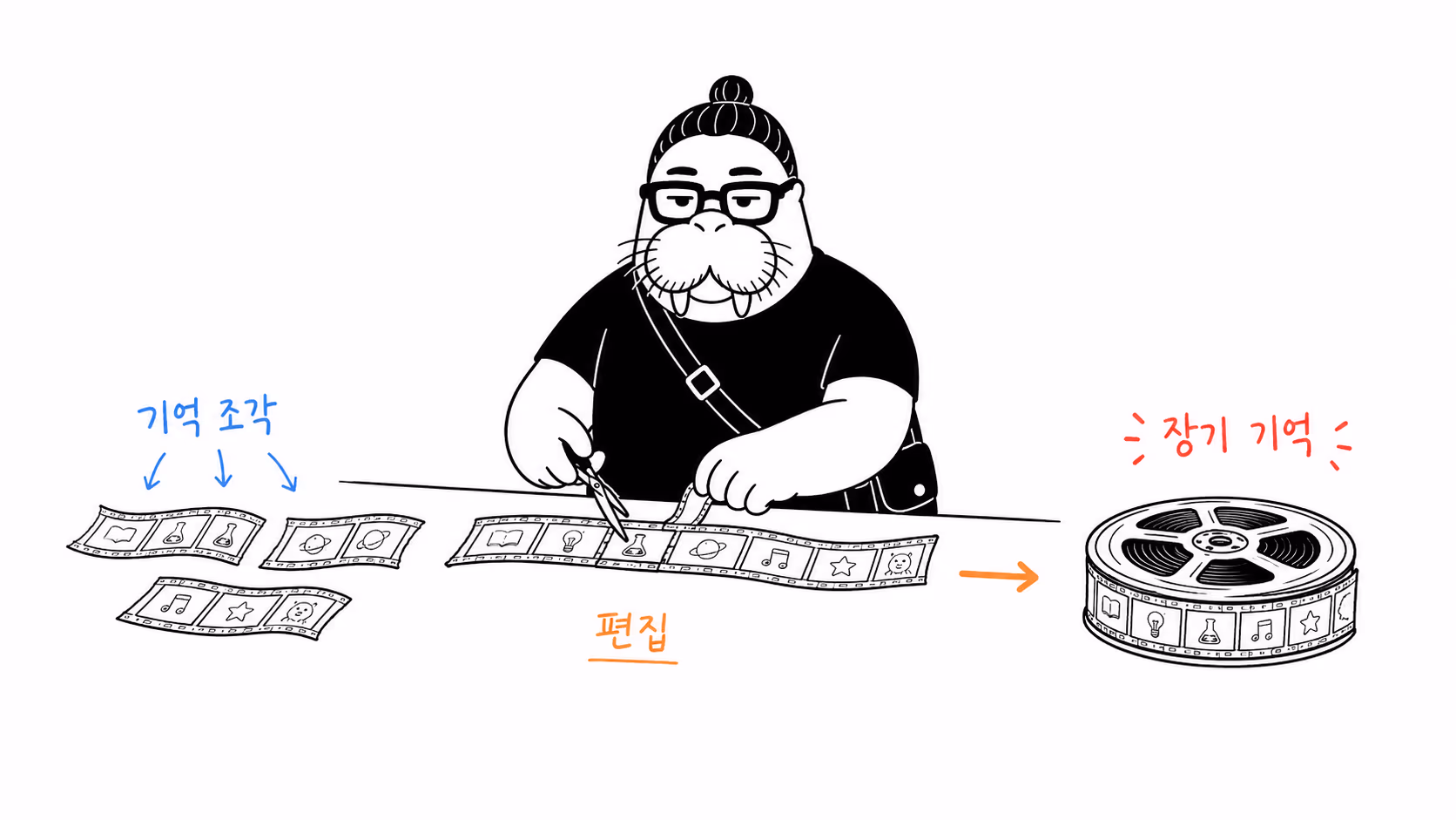 기억 조각을 잘라 하나의 장기 기억 릴로 편집하는 dkdk