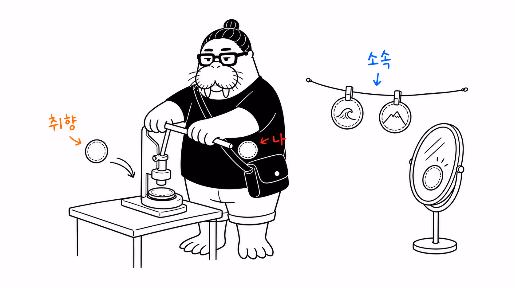 수동 배지 프레스로 취향 토큰을 자기 셔츠에 붙일 정체성 패치로 찍는 장면