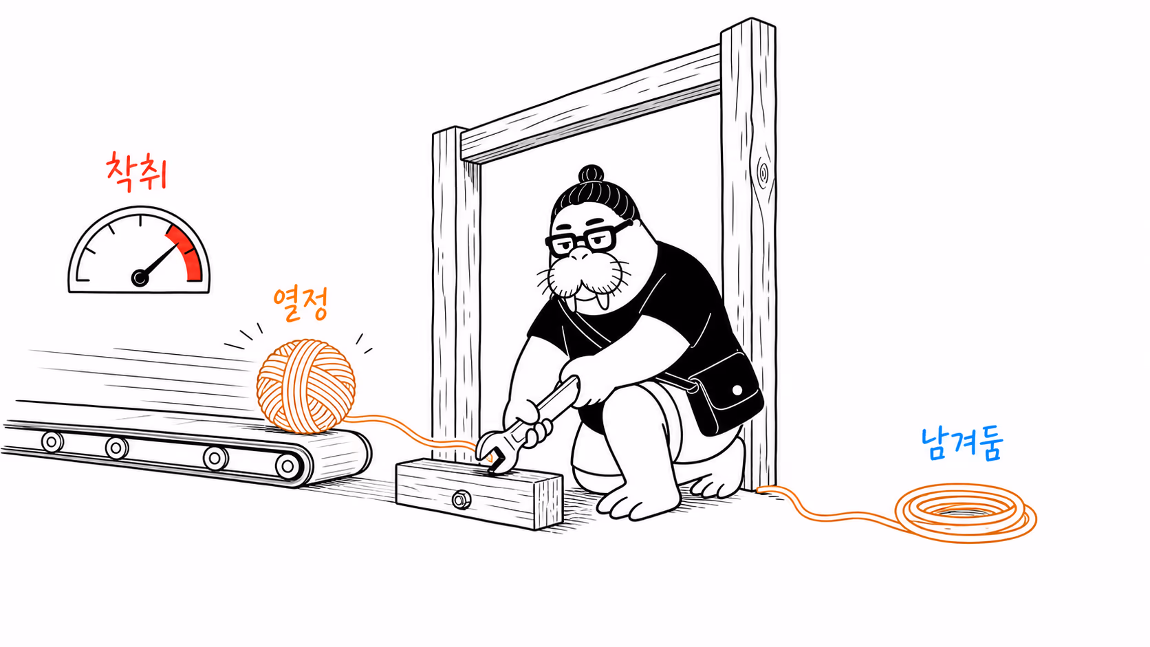 문턱에 멈춤목을 설치해 실타래 전부가 KPI 컨베이어로 빨려 들어가지 않게 막는 장면