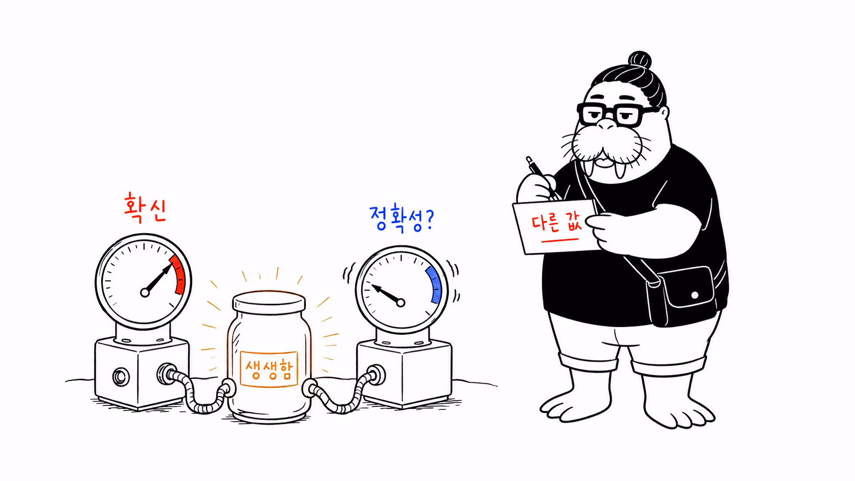 강한 확신과 낮은 정확성을 서로 다른 계기로 재는 장면