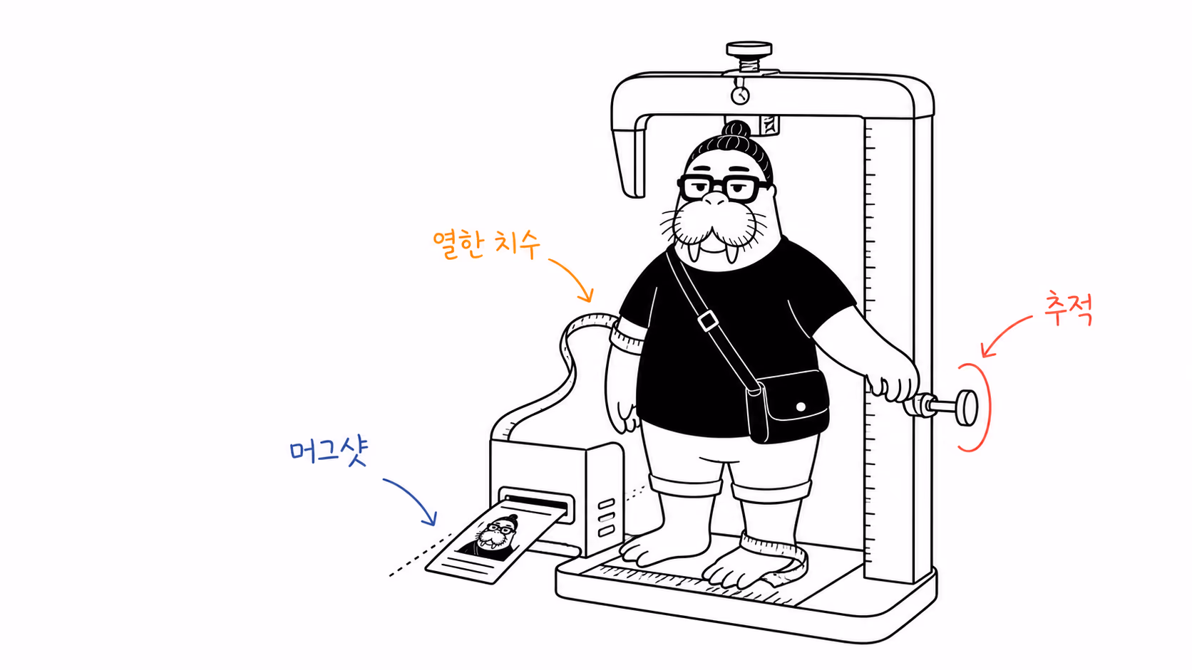 거대한 캘리퍼와 줄자 기계 안에서 자기 몸을 재며 측정 카드를 뽑는 장면