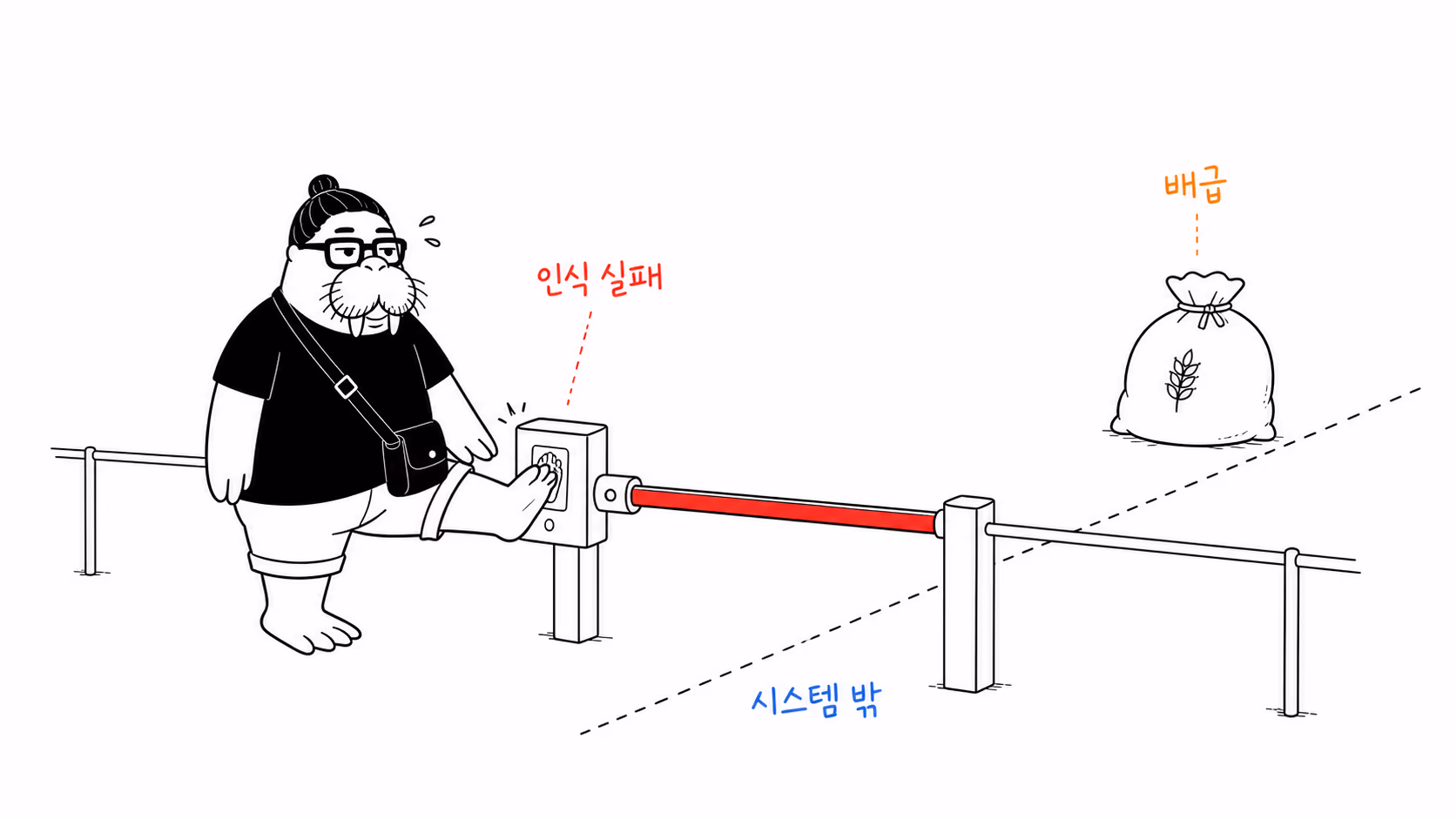 닳은 지느러미발을 지문 개찰구에 대지만 빨간 빗장이 내려와 곡물 자루에 닿지 못하는 장면