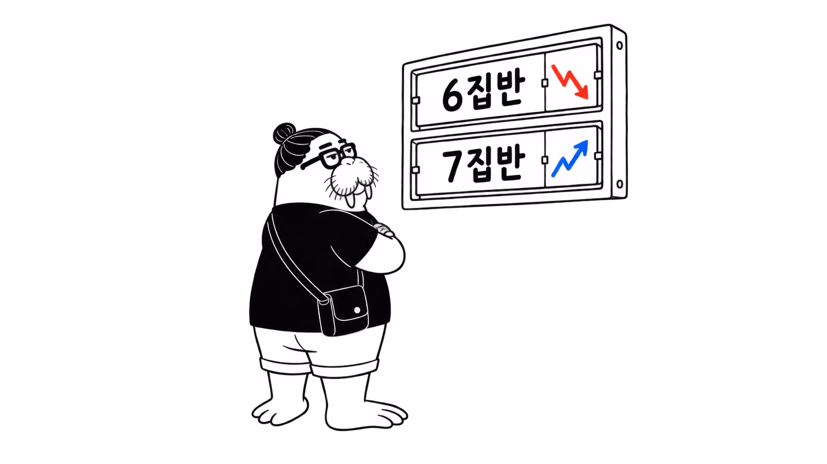 dkdk가 시세 전광판 앞에서 팔짱을 끼고, 위아래로 오르내리는 숫자판을 올려다본다