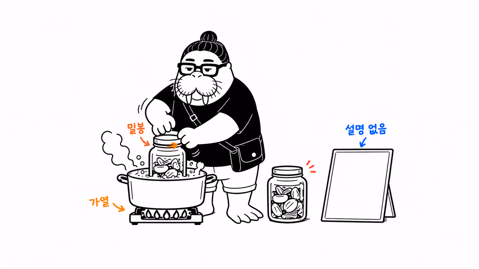 dkdk가 병에 뚜껑을 단단히 덮고 솥에 넣어 끓이자 안의 음식이 멀쩡한데, 그 옆에 세워 둔 설명 팻말은 백지 그대로다