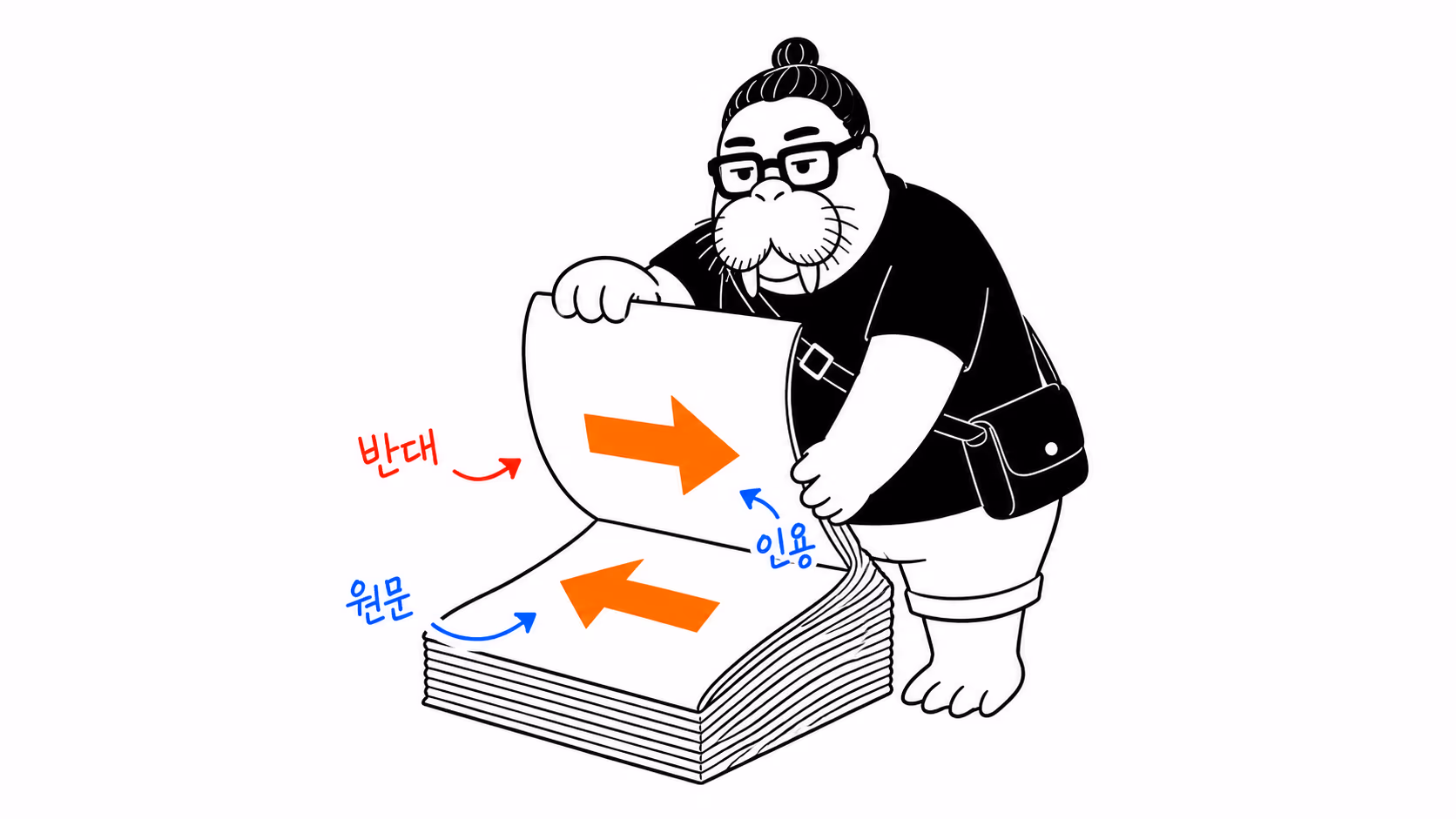 dkdk가 두꺼운 논문을 뒤집어 뒷면을 펼치자 앞면 화살표와 정반대 방향의 화살표가 나온다