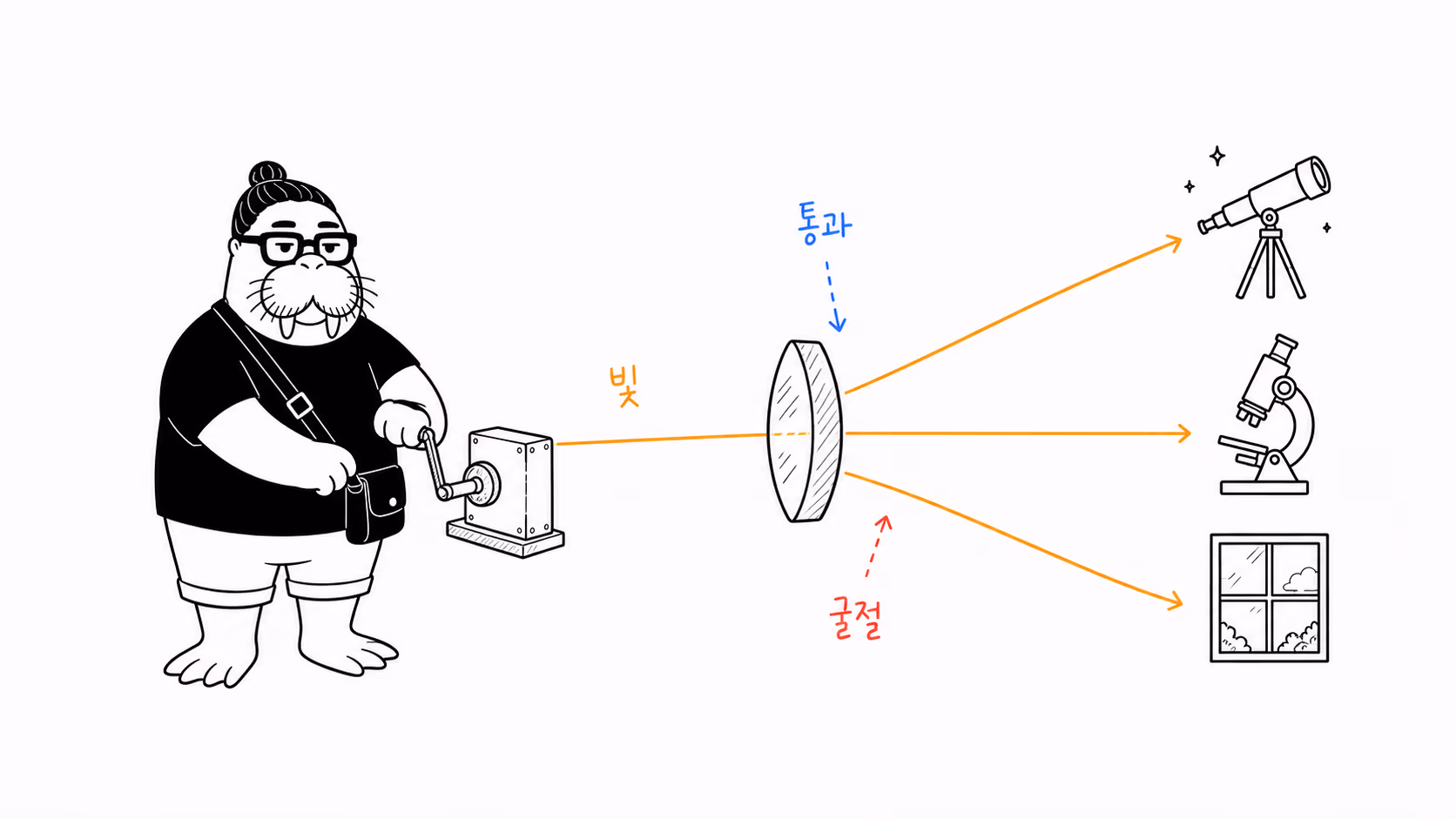 빛을 통과시키고 굴절해 세 방향의 눈을 만드는 장치