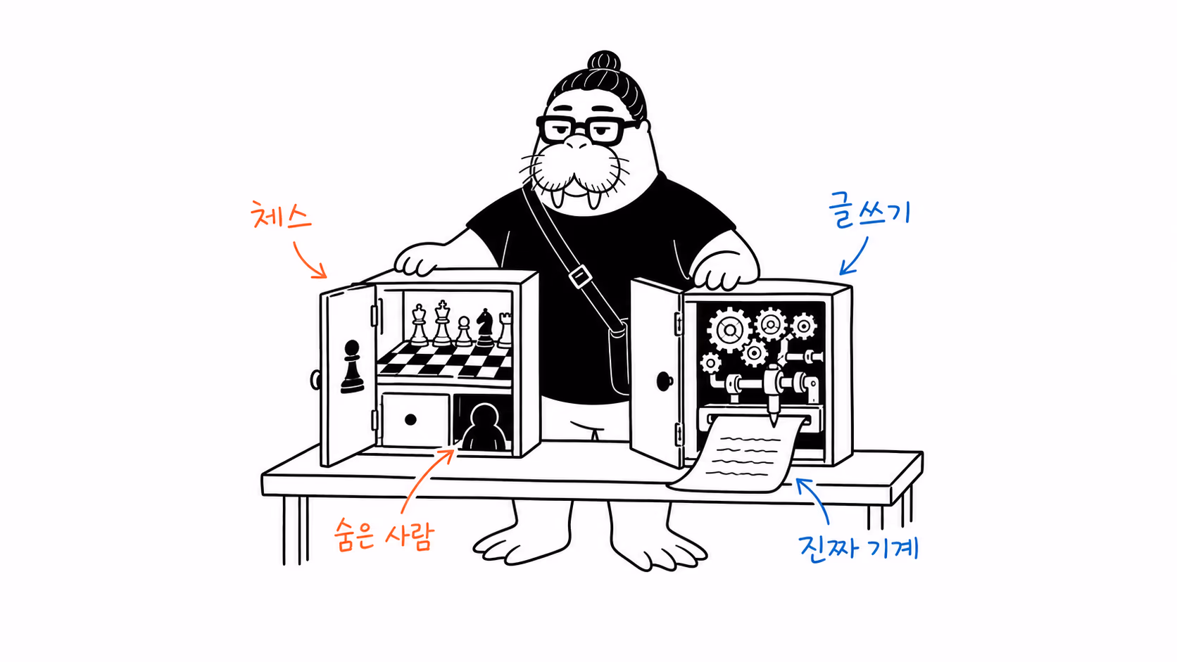 사람이 숨은 장치와 실제로 글을 쓰는 기계를 비교하는 장면