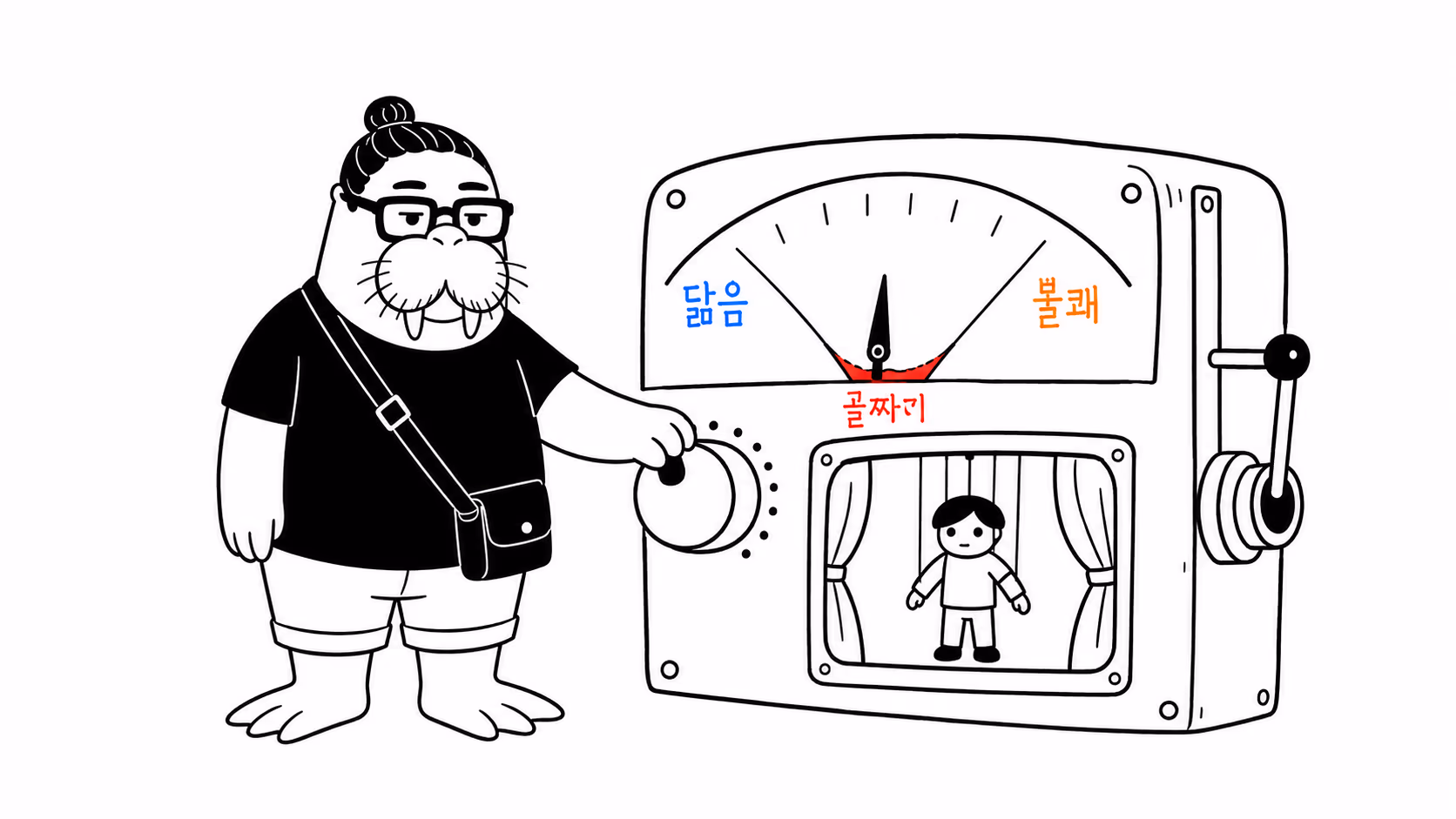 사람 닮음의 정도를 조절하며 불편함을 측정하는 장면