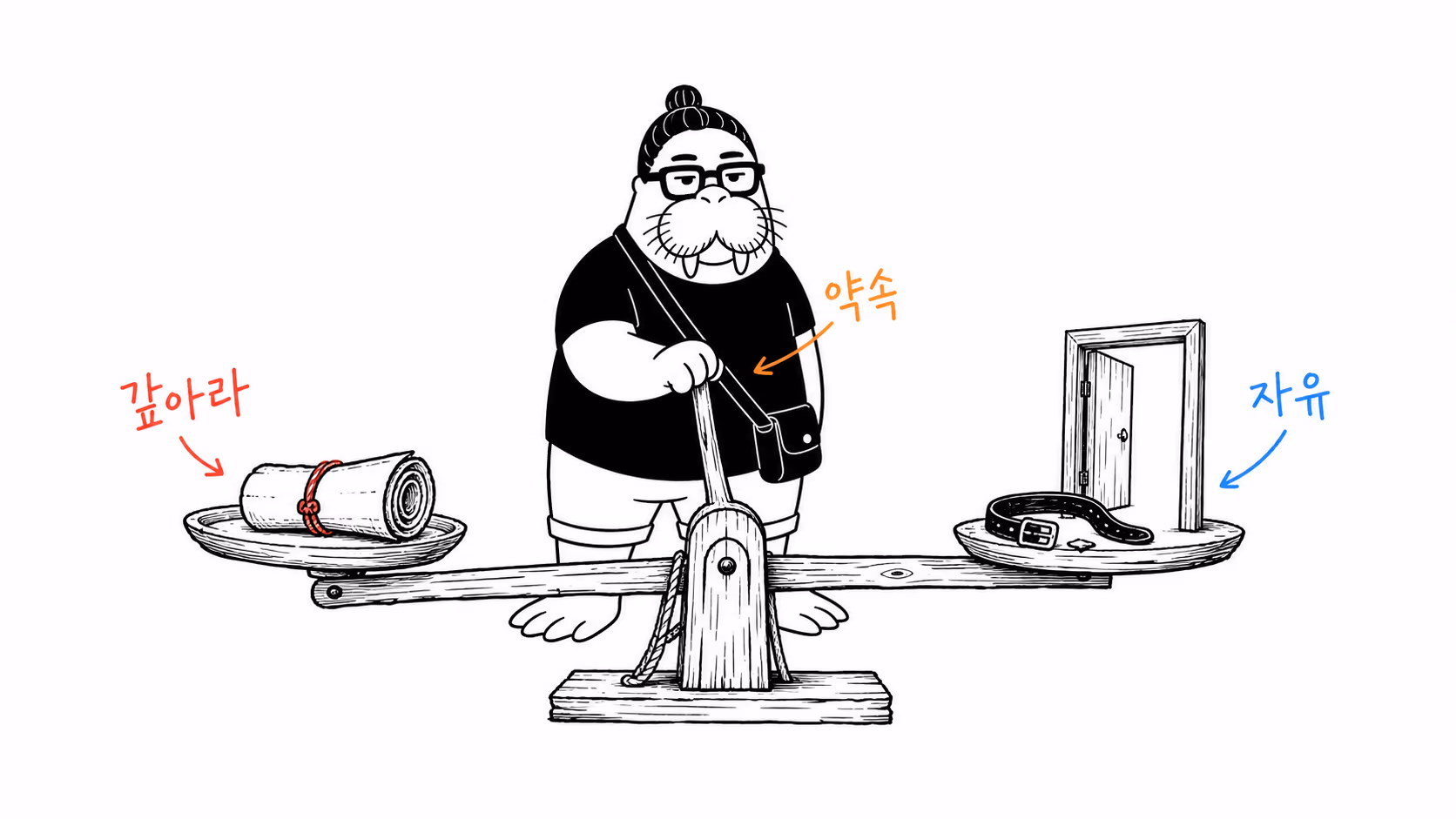 양팔저울의 레버를 조작해 온전한 계약서와 열린 자유의 문 사이 균형을 재는 장면