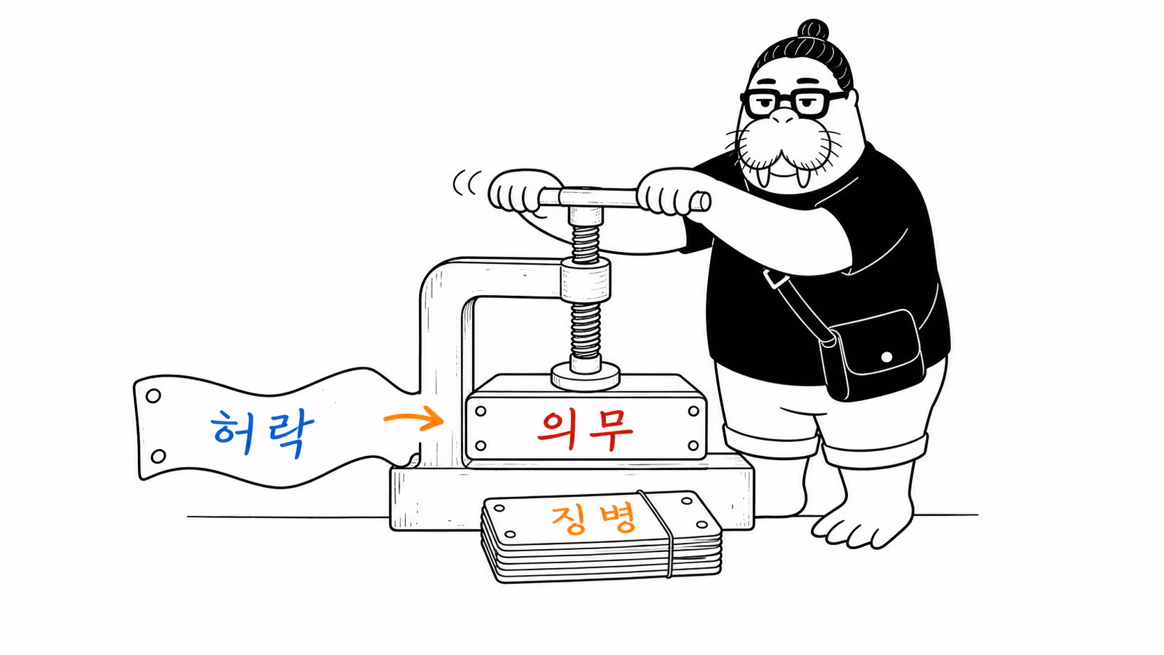 느슨한 ‘허락’ 표찰을 거대한 나사로 조여 ‘의무’ 금속판으로 굳히는 장면
