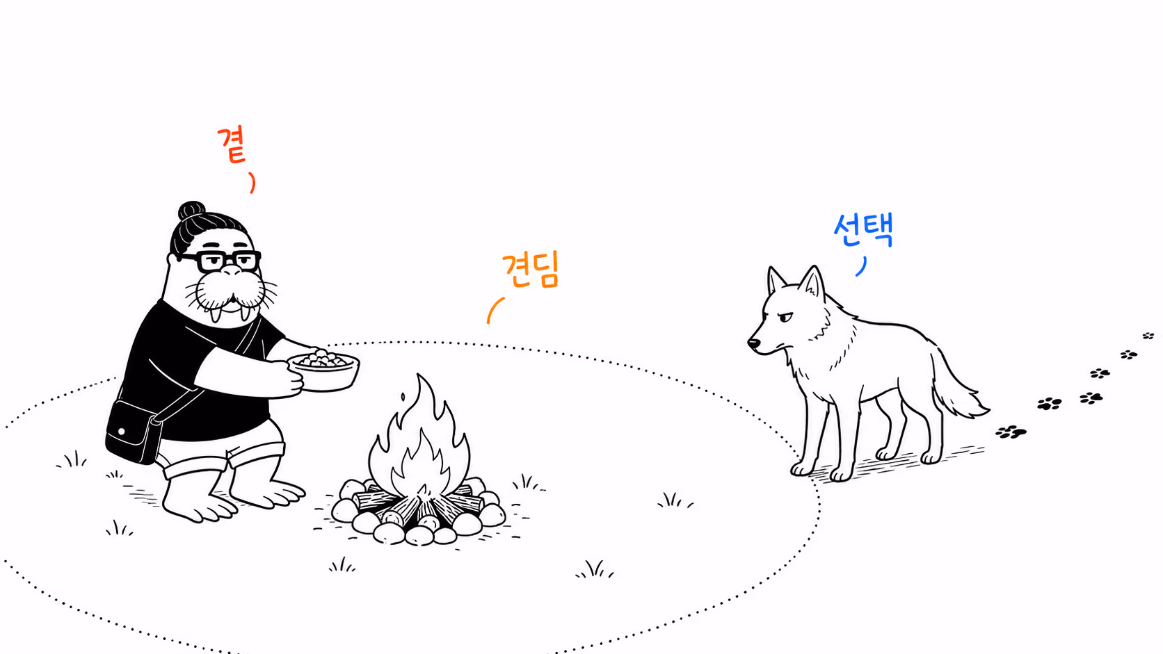 늑대가 불빛 가장자리에서 인간의 곁을 선택하는 장면
