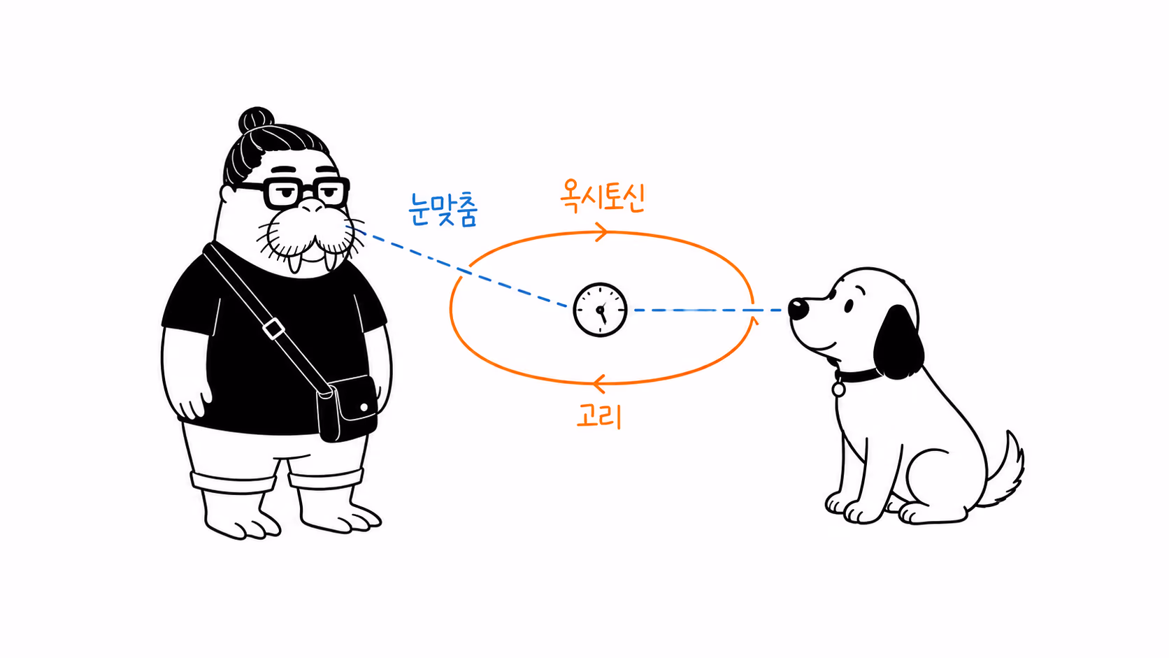 개와 인간의 눈맞춤 사이로 옥시토신 고리가 도는 장면