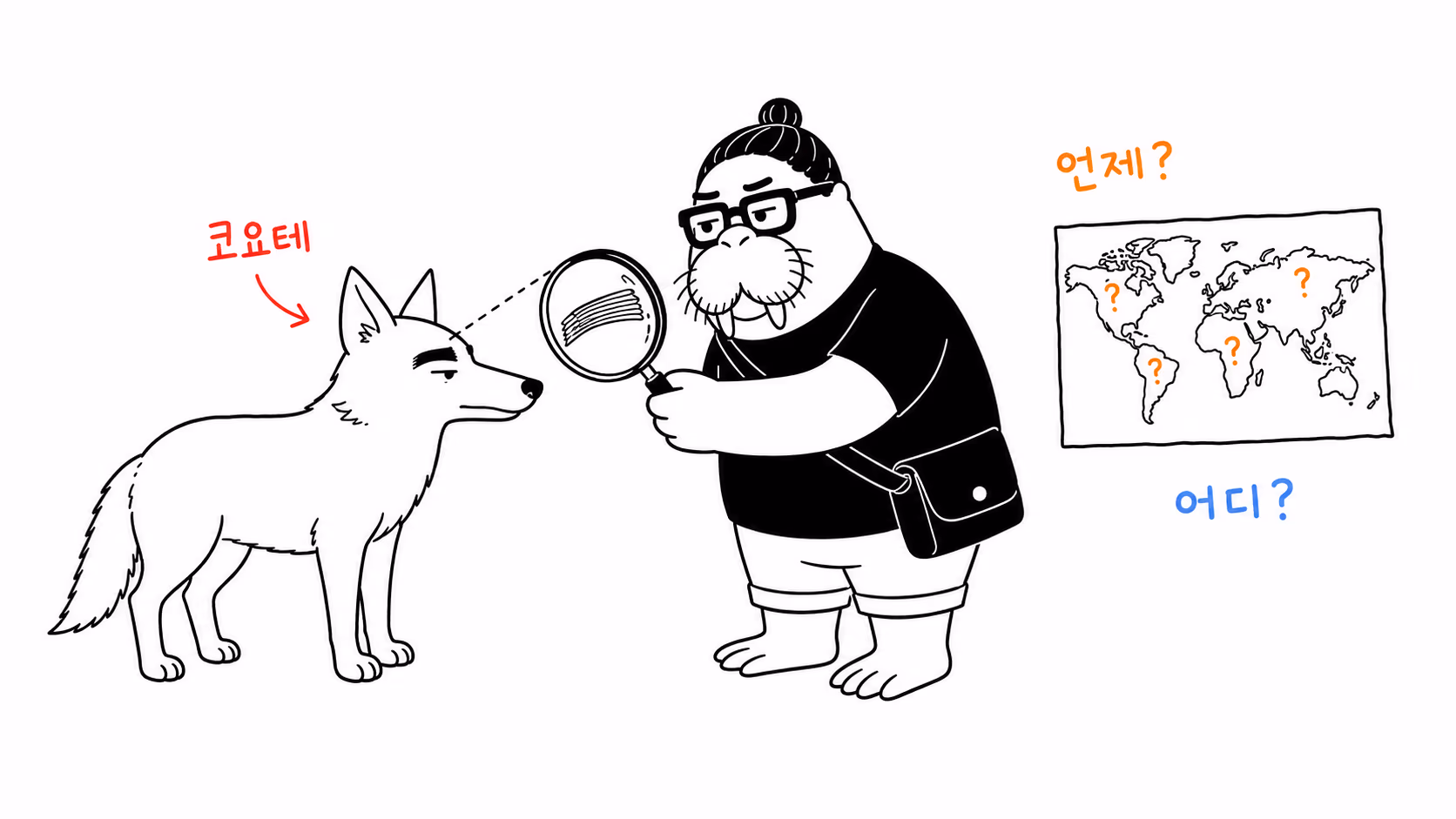 코요테의 눈썹 근육과 미확정 기원 지도를 함께 살피는 장면