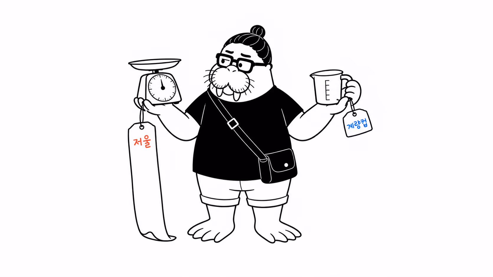 dkdk가 양손에 저울과 계량컵을 하나씩 들고 각각에 매달린 가격표를 번갈아 보는데, 저울 쪽 가격표가 훨씬 길게 늘어져 있다