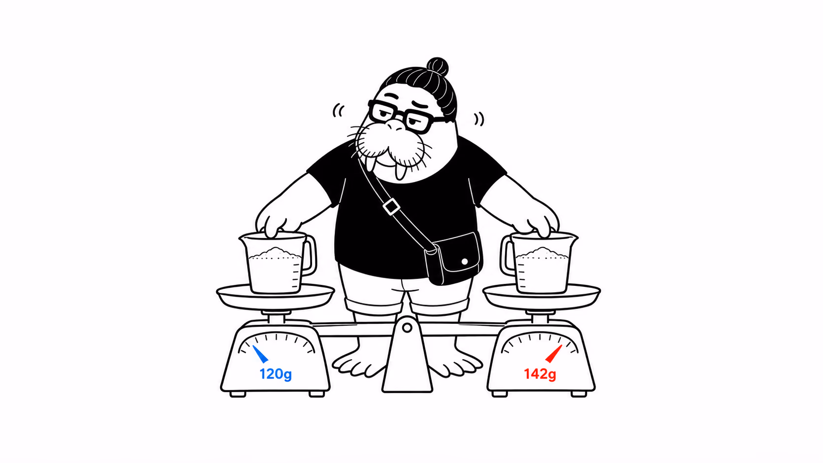 dkdk가 똑같이 생긴 계량컵 두 개를 양쪽 저울판에 하나씩 올려놓고 눈금을 번갈아 보는데, 두 눈금이 서로 다른 값을 가리킨다