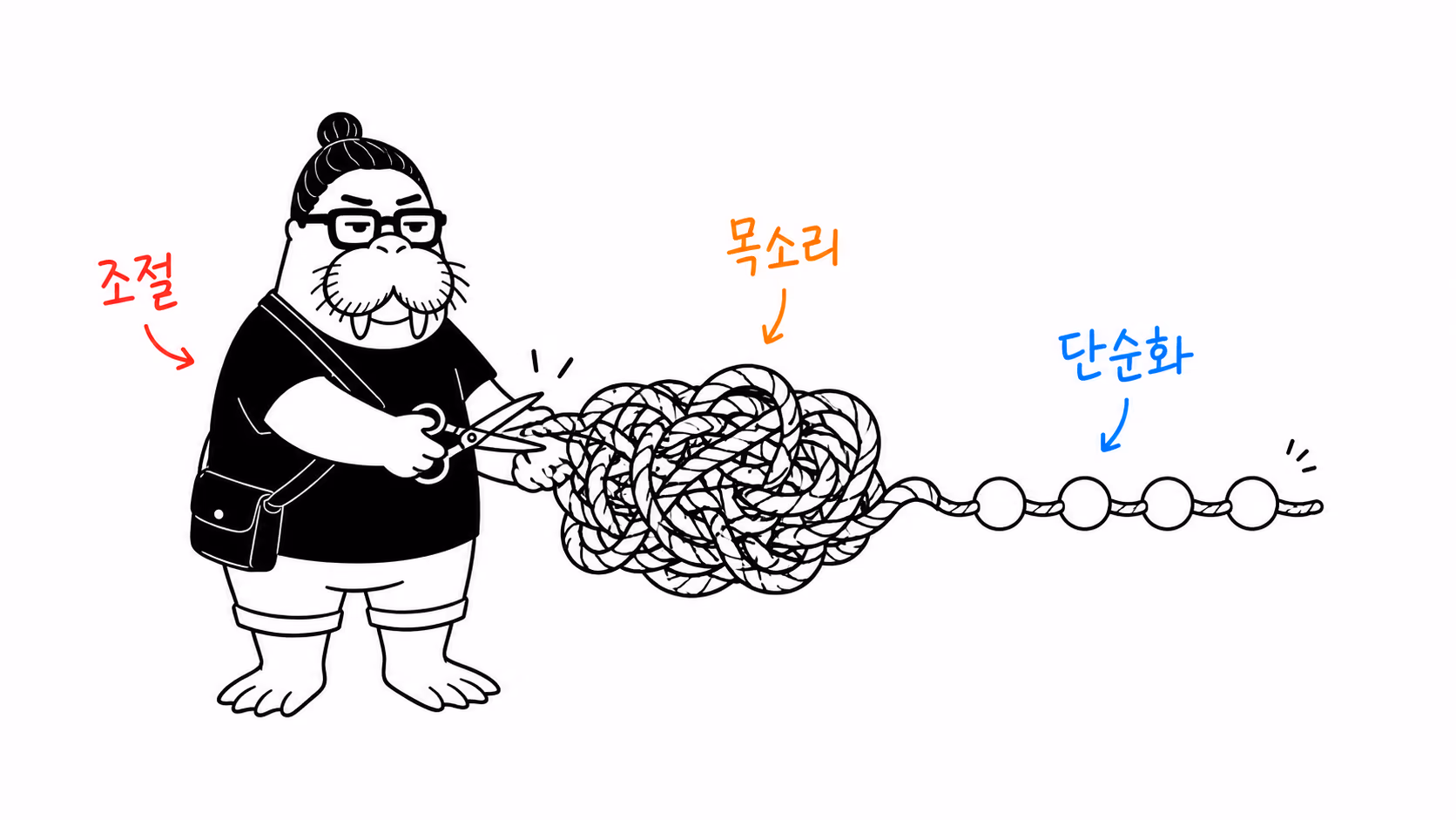 복잡한 성대 구조를 단순하게 다듬어 제어 가능한 소리를 만드는 장면