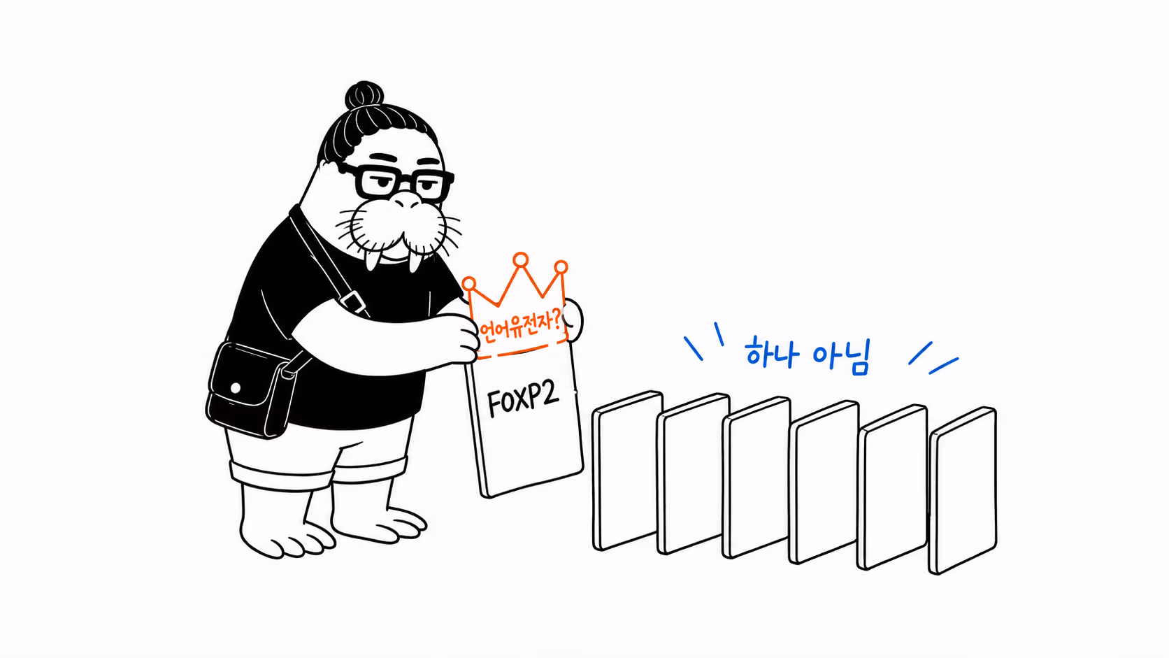 FOXP2에서 언어유전자 왕관을 떼어 여러 유전자 곁에 놓는 장면