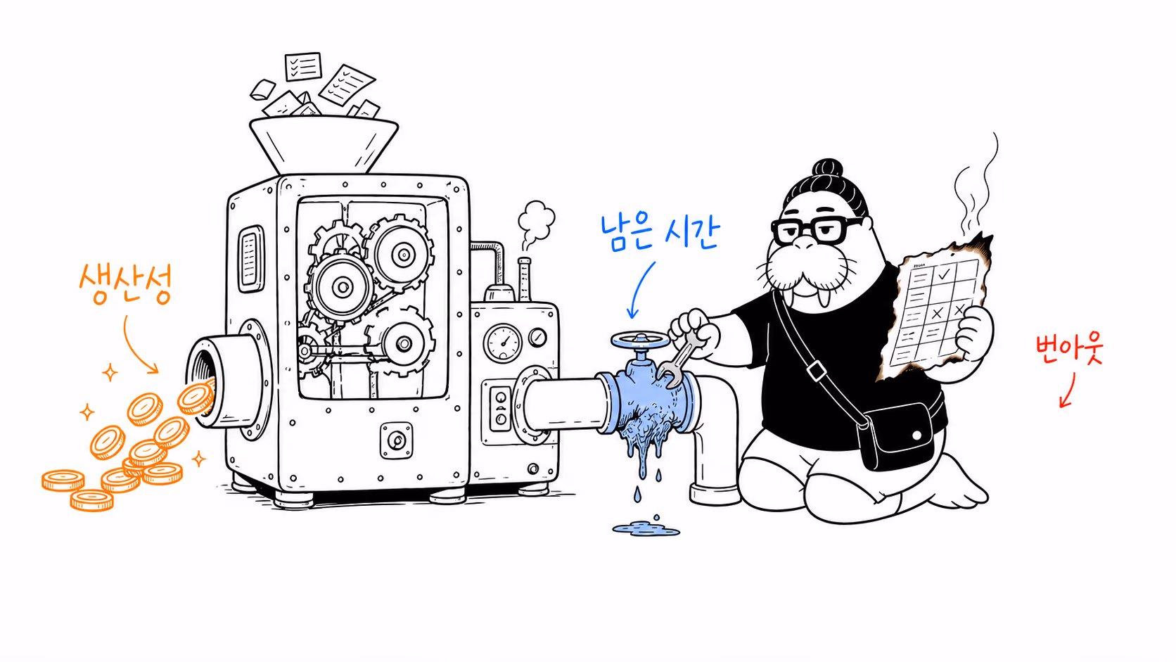 생산성 기계가 동전을 뿜는 동안 막힌 ‘남은 시간’ 파이프의 밸브를 고치는 장면