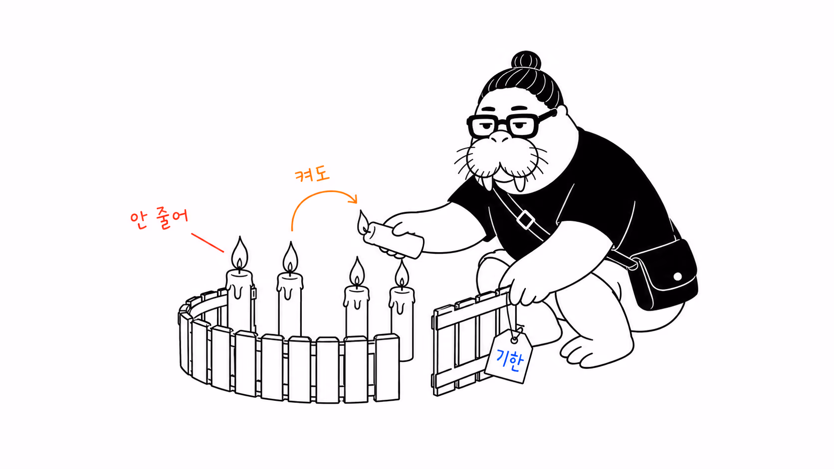 dkdk가 촛불 하나에서 여러 촛불로 불을 옮겨 붙이는데 원래 불은 조금도 줄지 않고, 그 둘레에 울타리를 세우고 있다