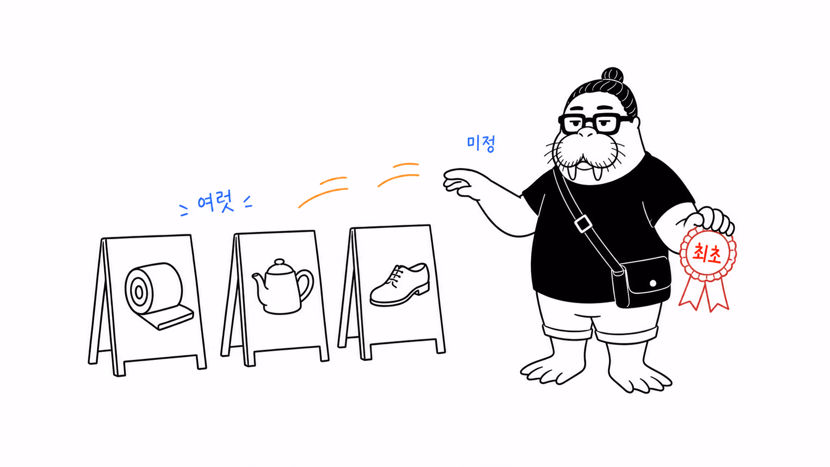 dkdk가 서로 다른 가게 간판 여러 개가 나란히 서 있고, 최초라고 적힌 리본을 손에 든 채 어디에 걸어야 할지 정하지 못하고 있다