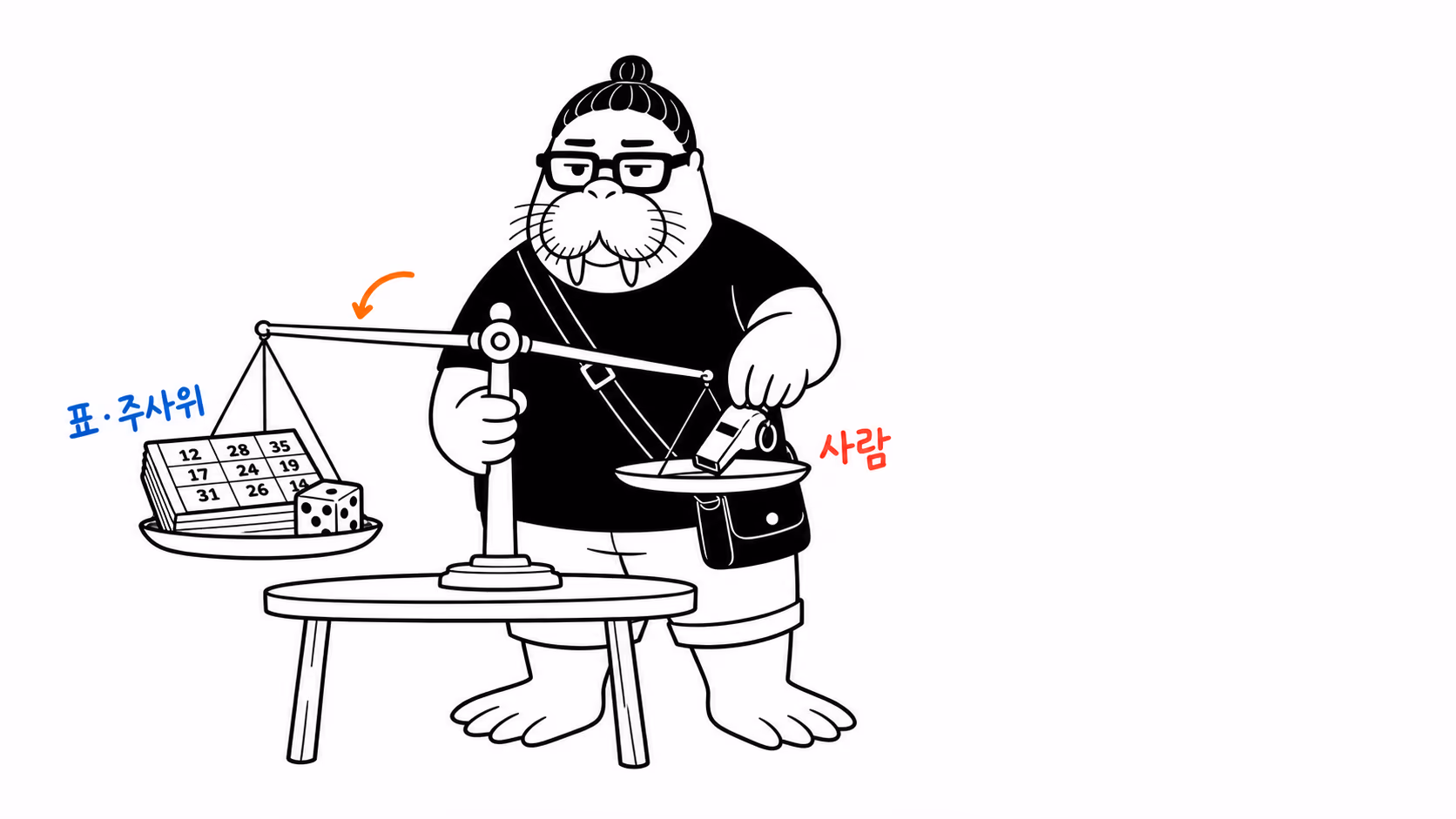 dkdk가 저울 한쪽에 주사위와 두꺼운 계산표를 올리고 반대쪽에 심판 호루라기 하나를 올려 균형을 재고 있다