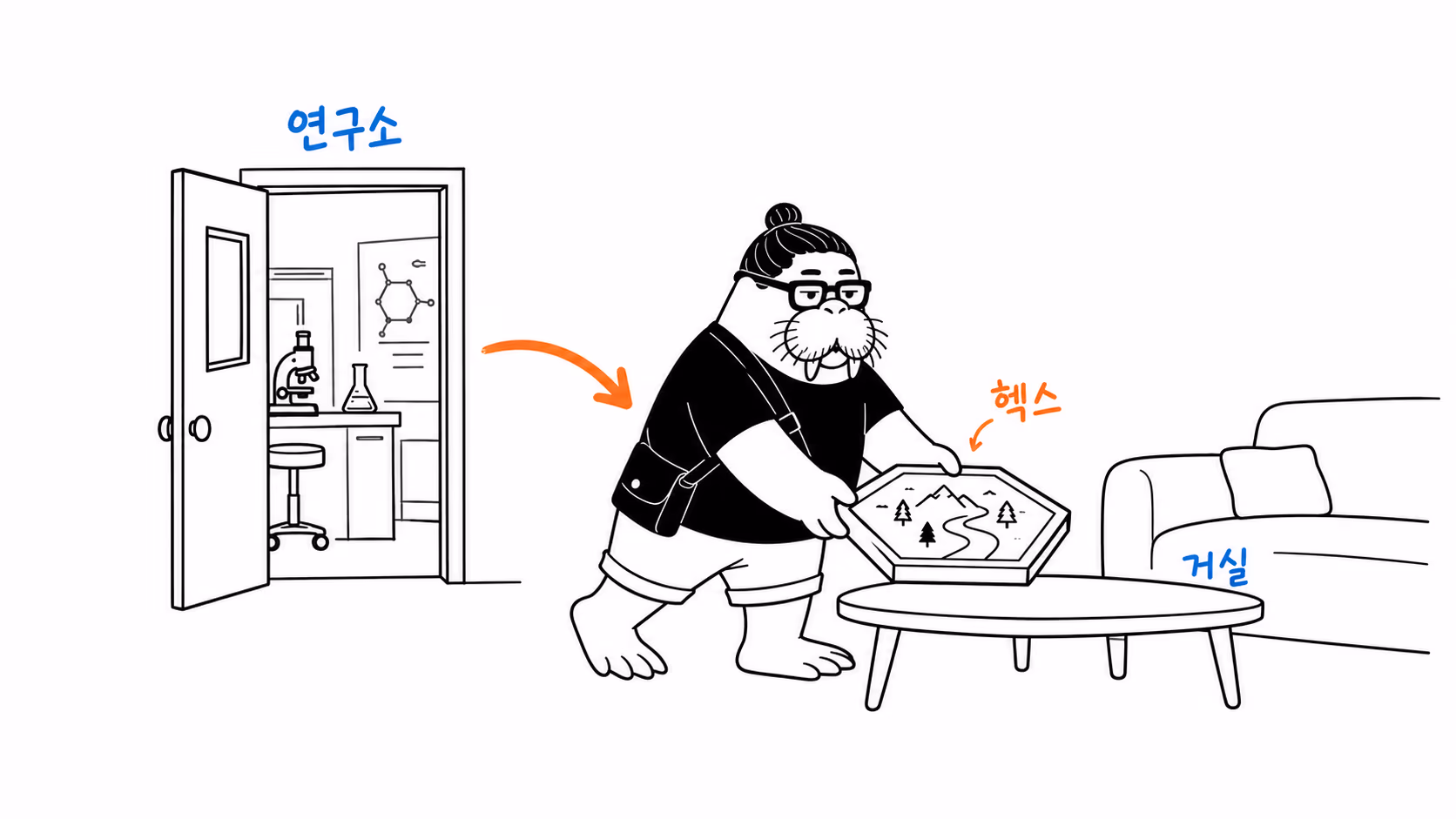 dkdk가 연구소 문에서 육각형 타일 한 장을 들고 걸어 나와 거실 탁자 위에 조심스레 내려놓는다