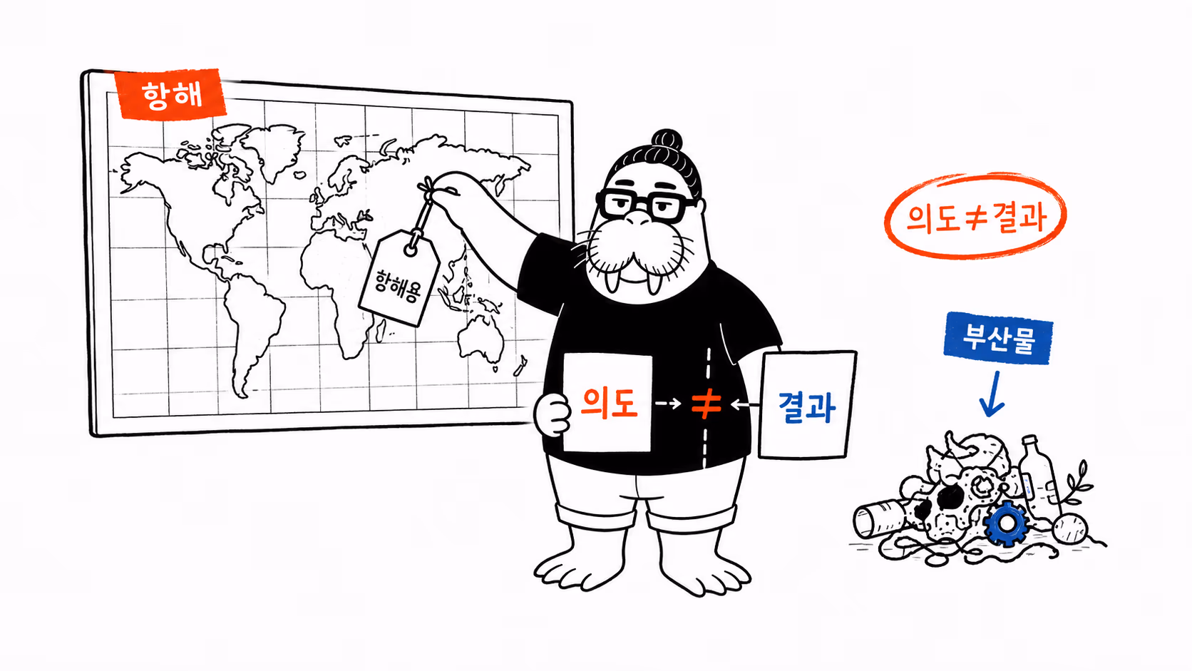 항해용 투영의 의도와 확대 효과라는 결과를 나누는 장면