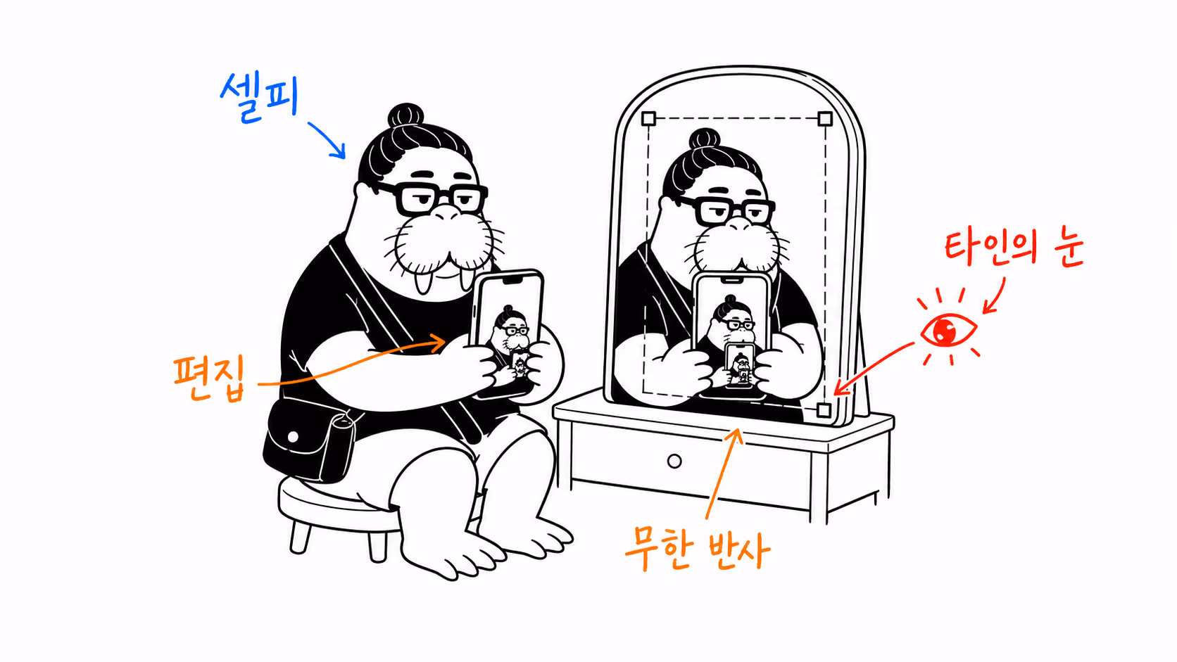 셀피 화면이 자아를 무한히 되비추는 장면