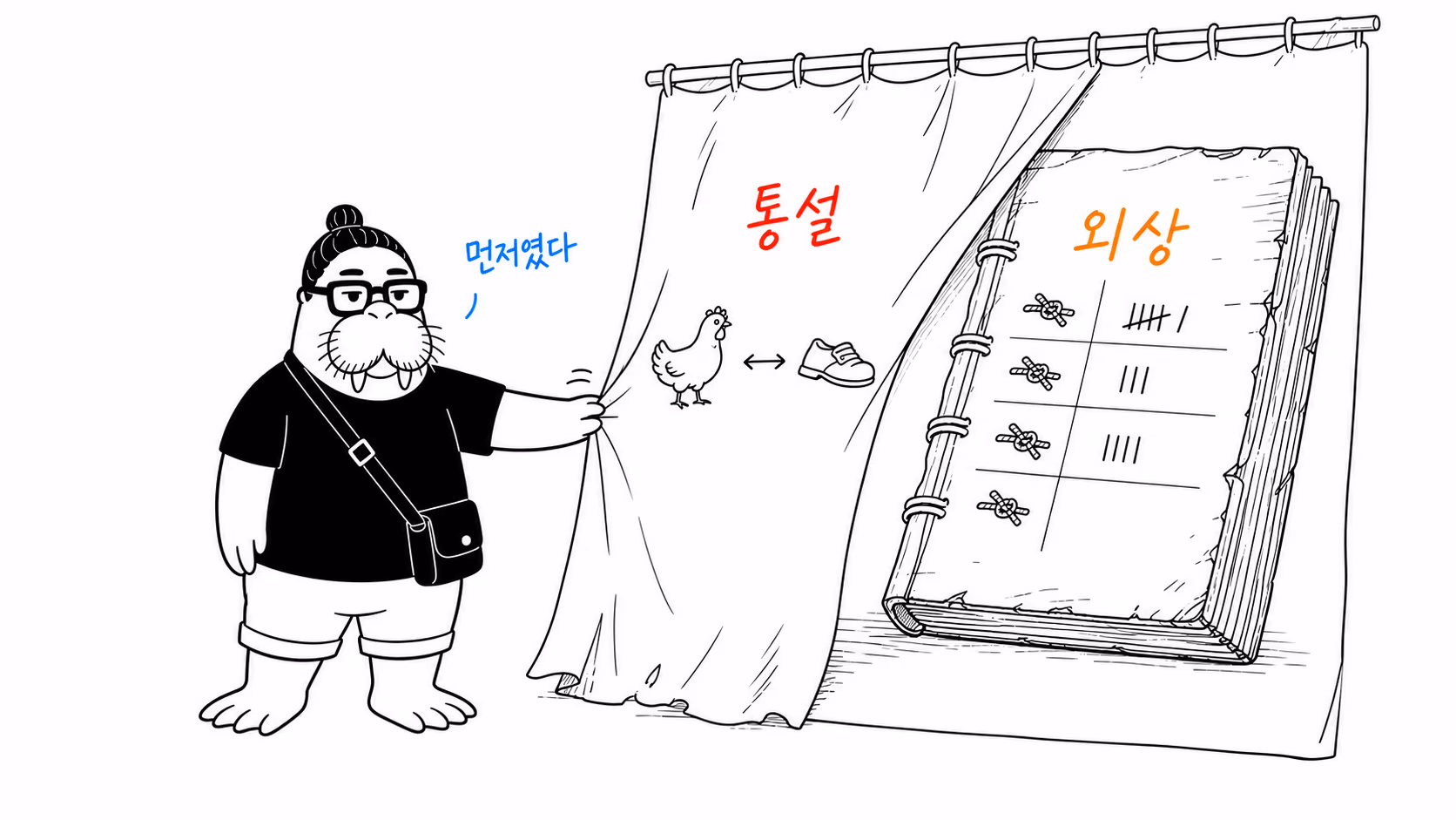 닭과 신발을 교환하는 그림이 그려진 얇은 무대막을 걷어 뒤의 거대한 외상장부를 드러내는 장면