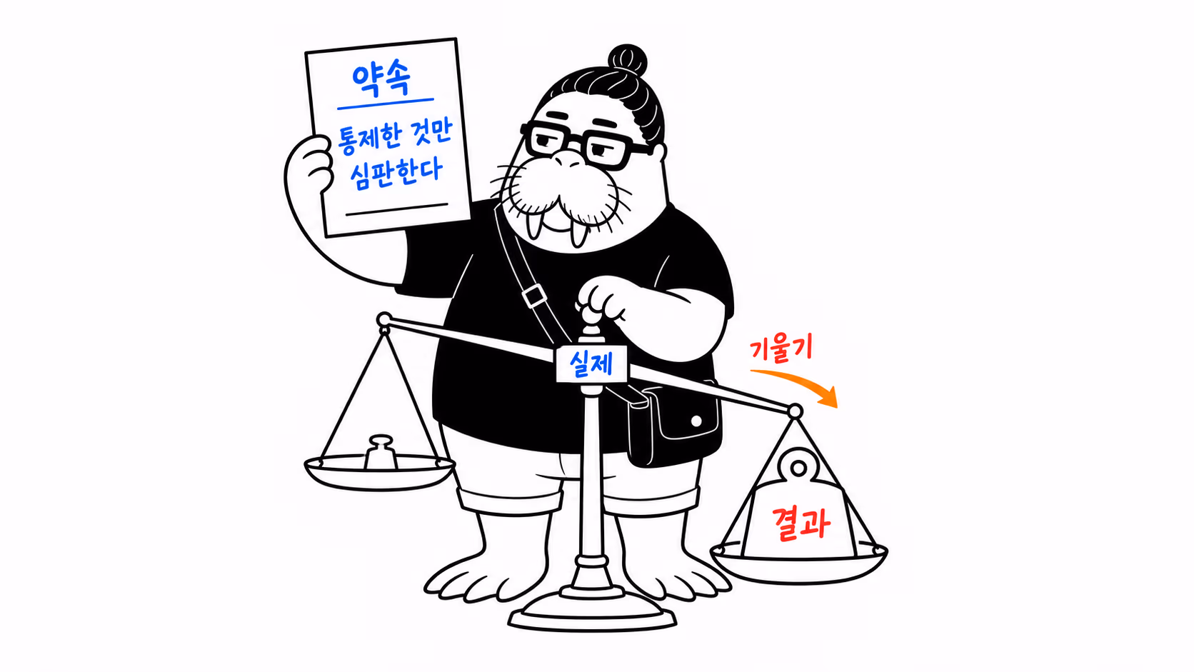 dkdk가 "통제한 것만 심판한다"고 적힌 약속 문서를 한 손에 들고 있는데, 그 아래 놓인 저울은 이미 결과 쪽으로 기울어 있다