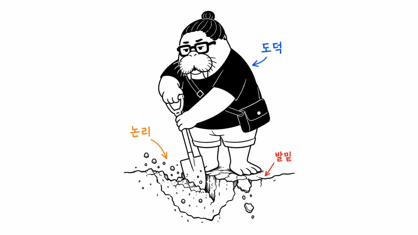 dkdk가 삽으로 자기가 딛고 선 바닥을 파고 있고, 발밑이 이미 꺼지기 시작해 금이 가 있다
