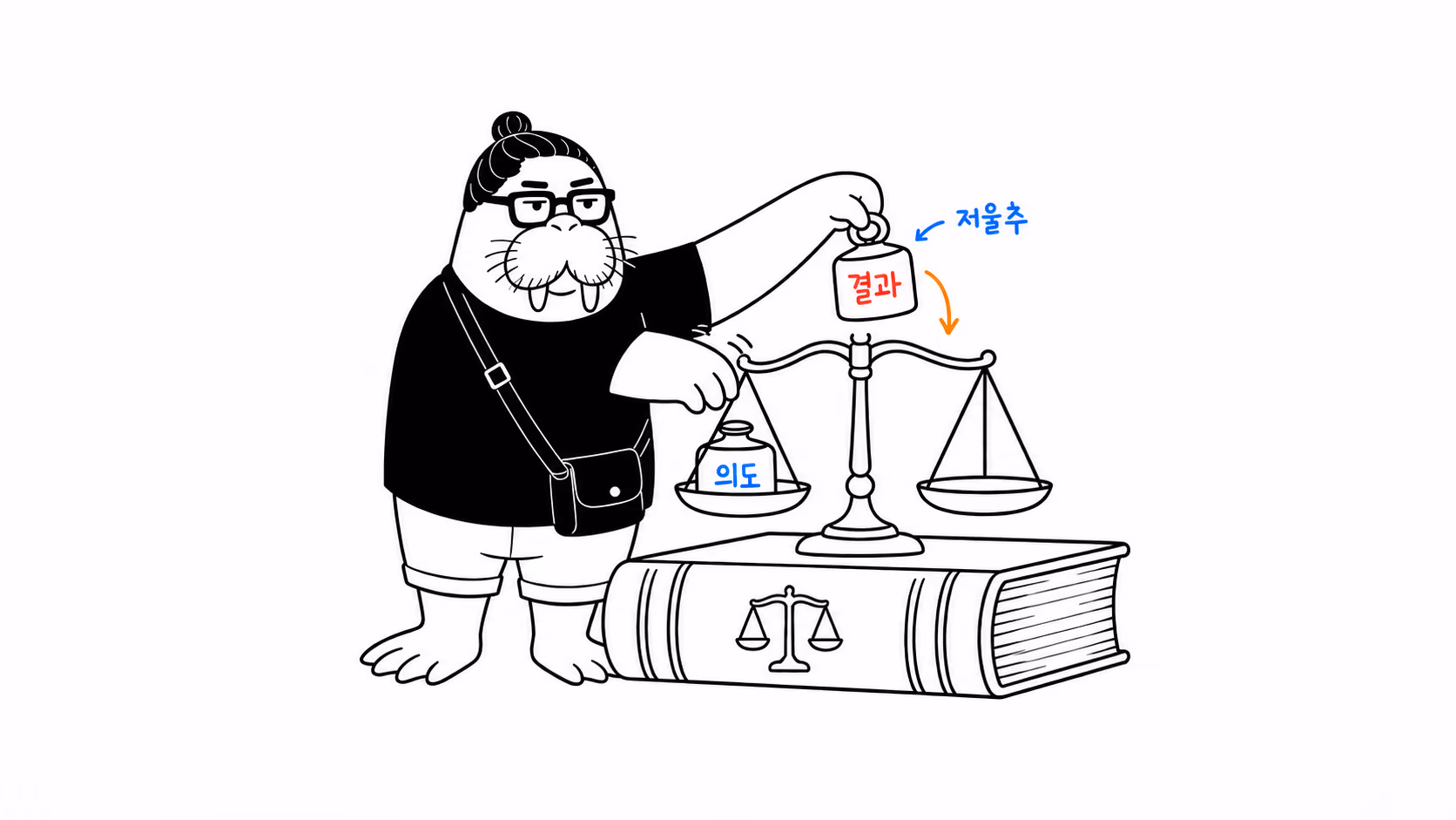 dkdk가 법전 위에 놓인 저울에 "의도" 추를 올린 다음, 별개의 "결과" 추를 하나 더 집어 올린다