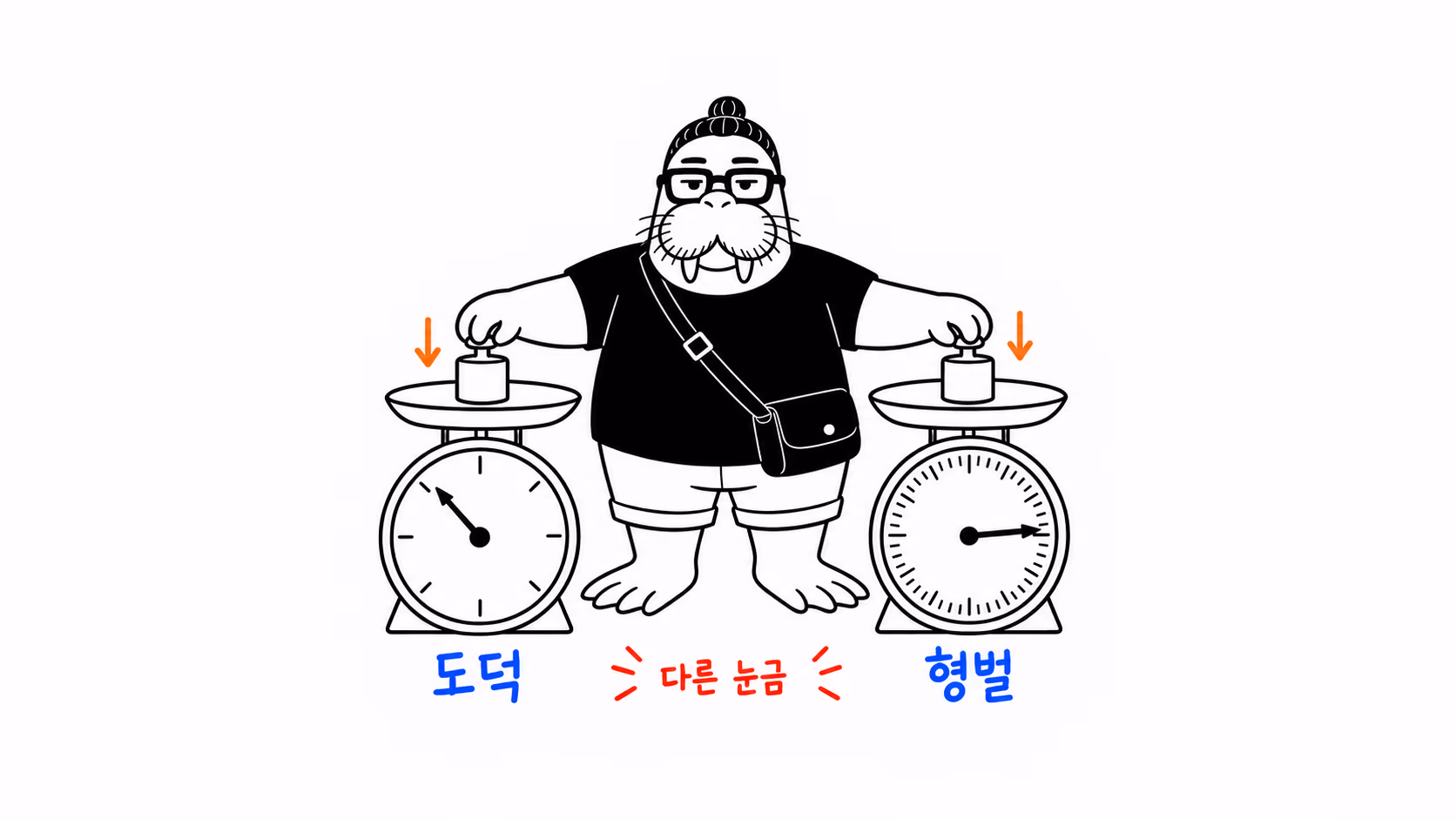 dkdk가 눈금 간격이 서로 다른 저울 두 대에 똑같이 생긴 추를 하나씩 올렸더니 바늘이 전혀 다른 곳을 가리킨다