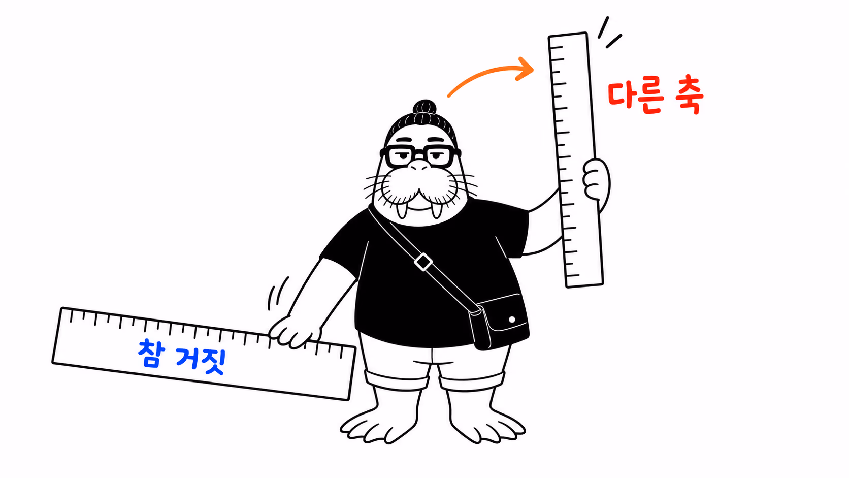 dkdk가 참과 거짓 눈금만 새겨진 자를 옆으로 내려놓고, 그것과 직각으로 놓인 다른 자를 새로 집어 든다