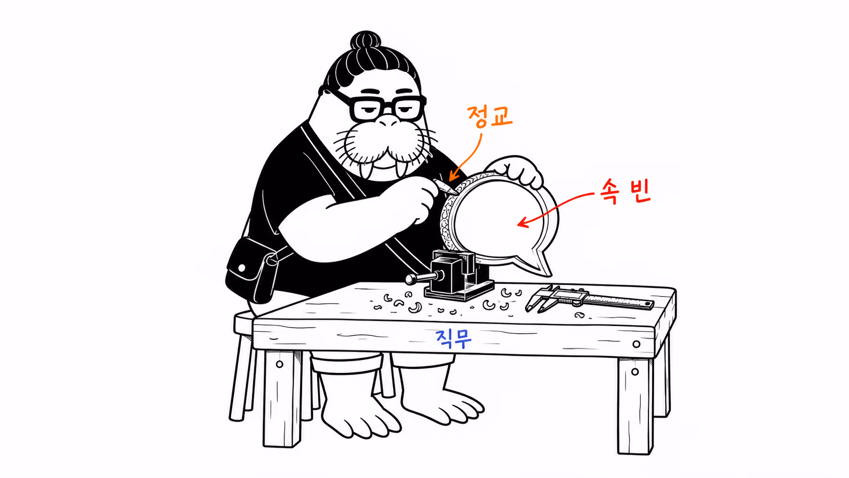 dkdk가 작업대에서 정밀한 도구로 아주 공들여 무언가를 깎고 있는데, 완성된 그 물건의 속이 텅 비어 있다