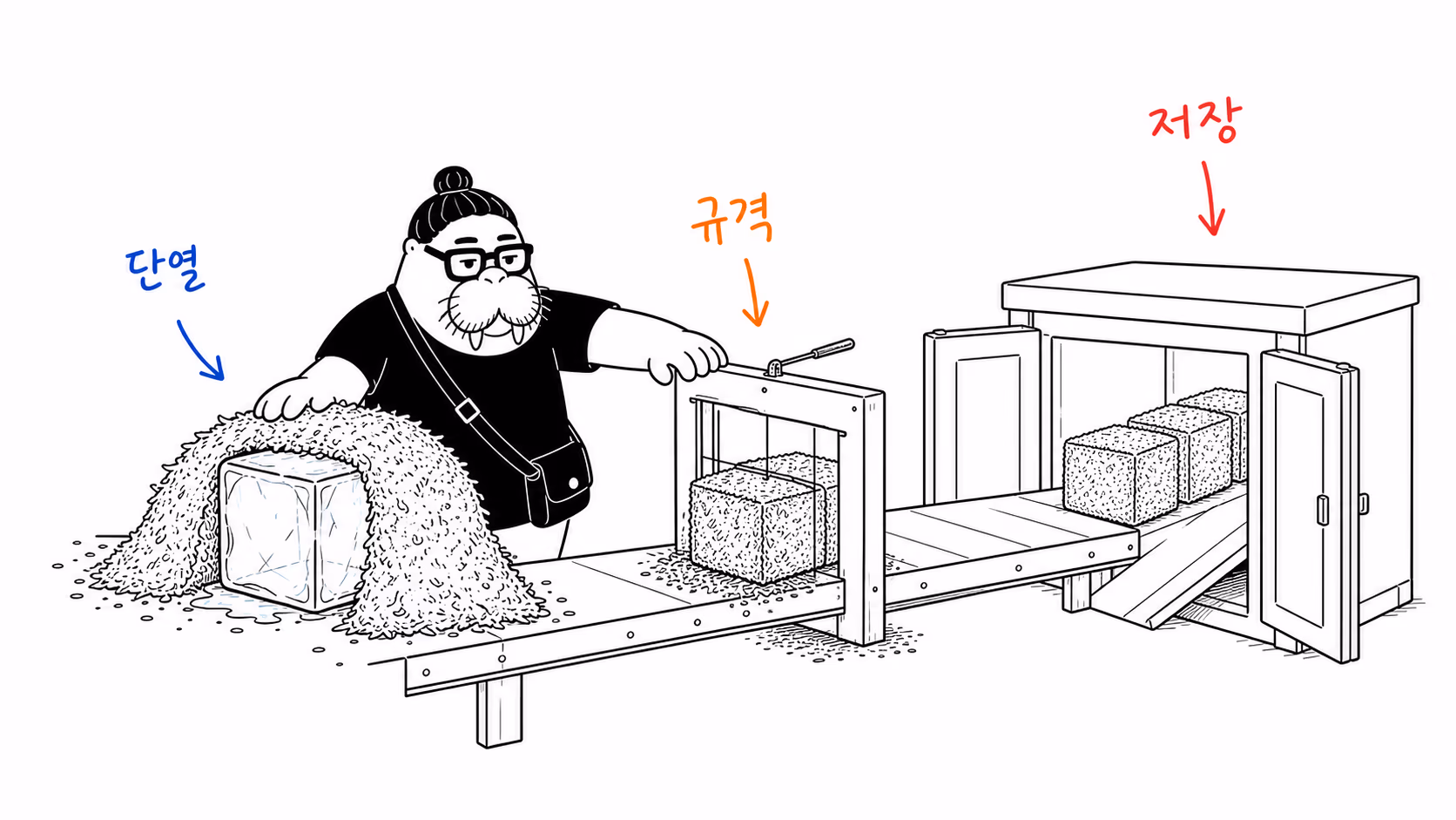 얼음을 톱밥 이불로 싸고 절단기로 반듯하게 잘라 이중벽 창고에 밀어 넣는 장면